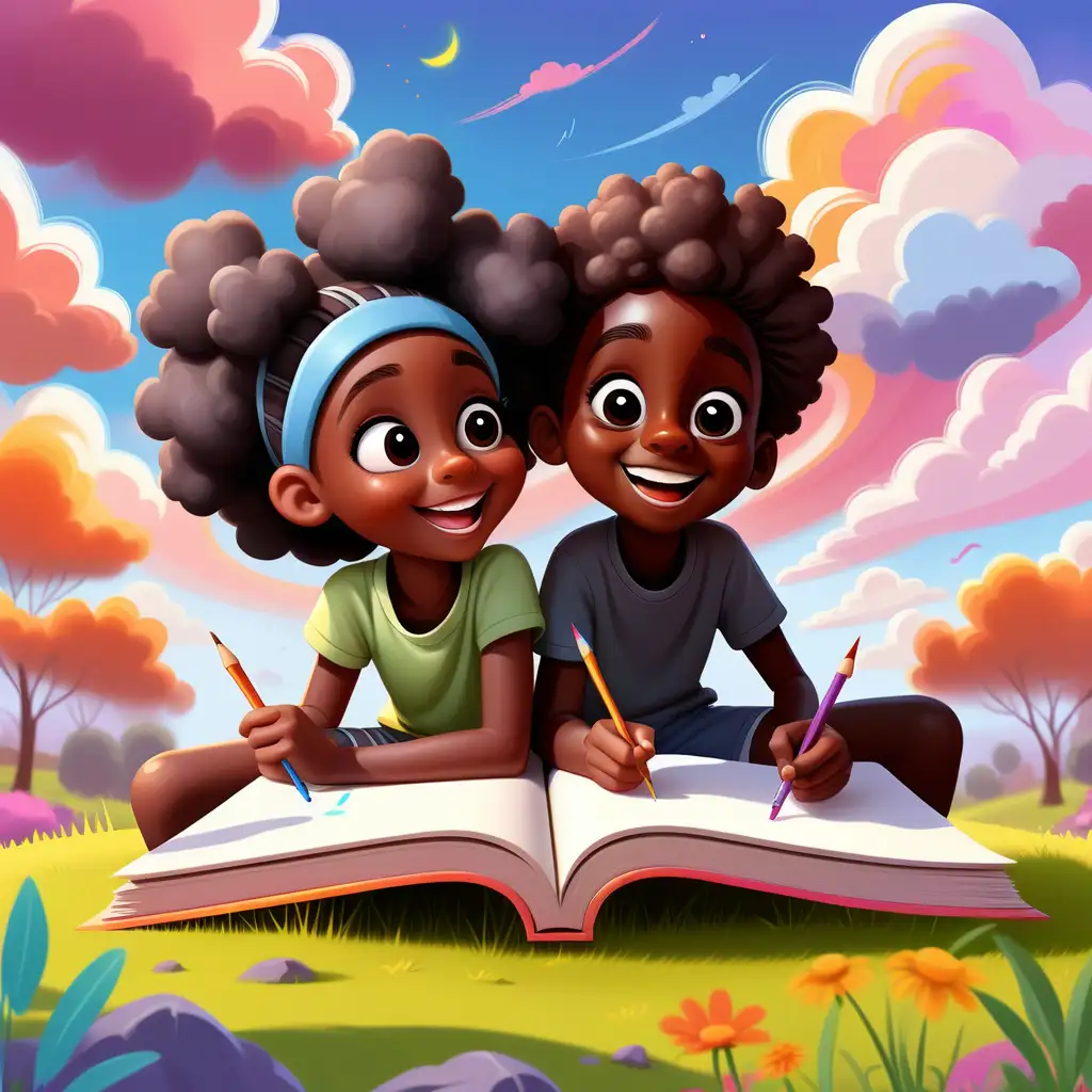 two cartoon little black kids a boy and a girl looking very happy in an amazing sunny day  writting and painting on an very big book in a very colorful nature place with colorful clouds behind
