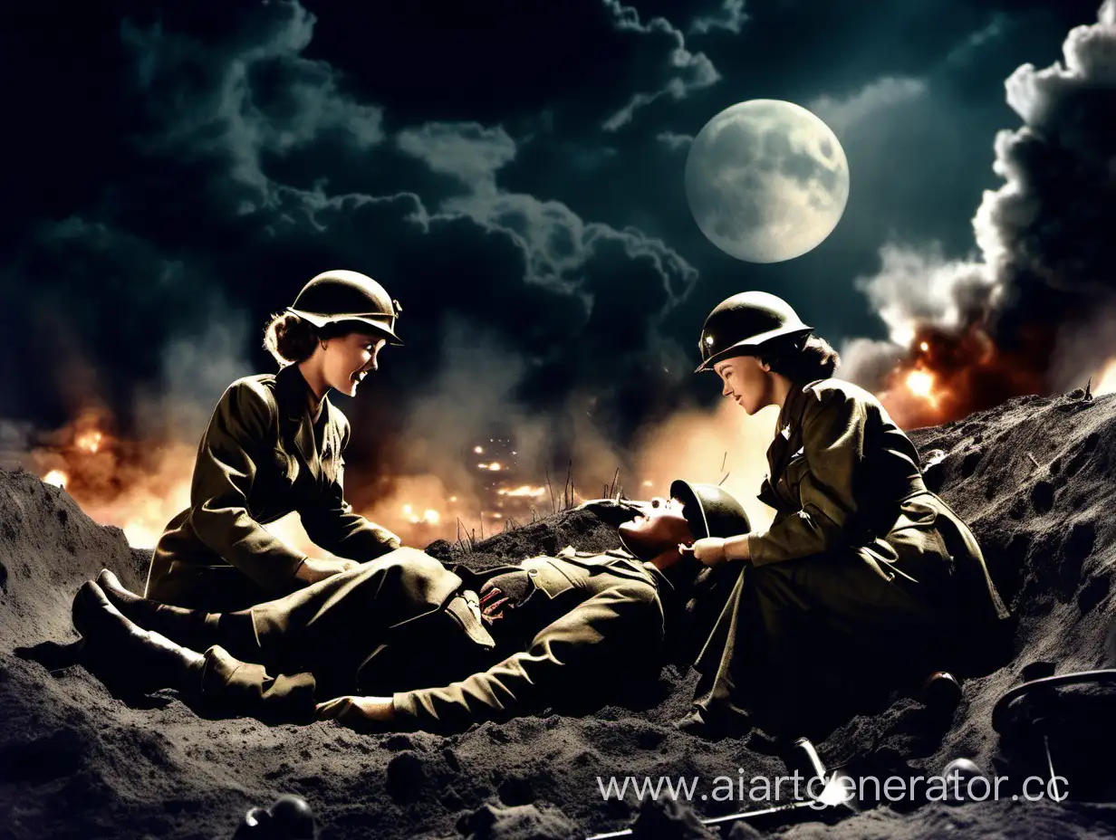 вторая мировая война, женщина медик сидит в окопе и лечит раненого солдата второй мировой войны. Небо затянуто тучами, ночь и  светит луна. на заднем фоне взрывы и огонь