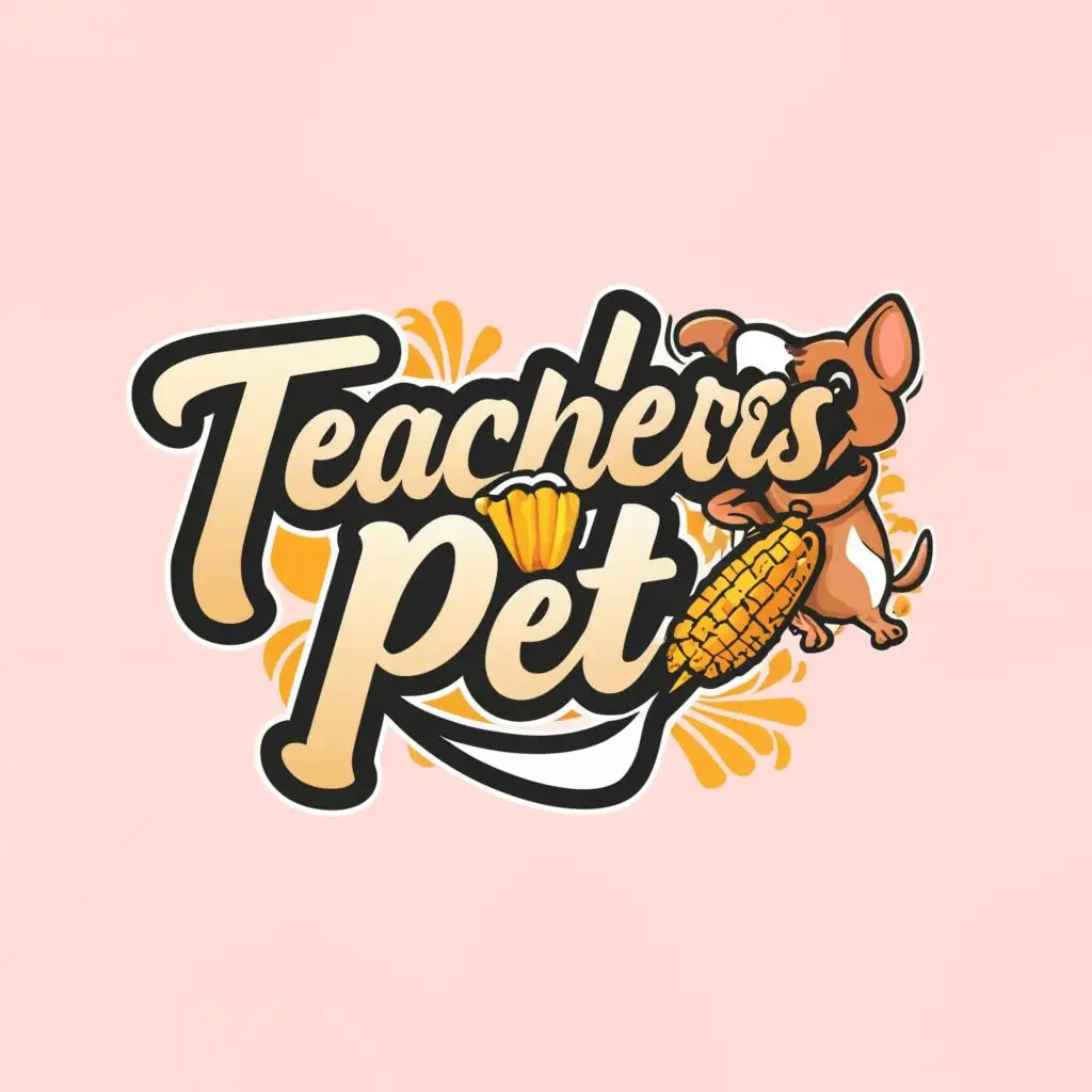 logo, TEACDHERS PET, with the text "TEACHERS PET", typography, be used in Entertainment industry FUNNY LOOKING DOG EATING CORN