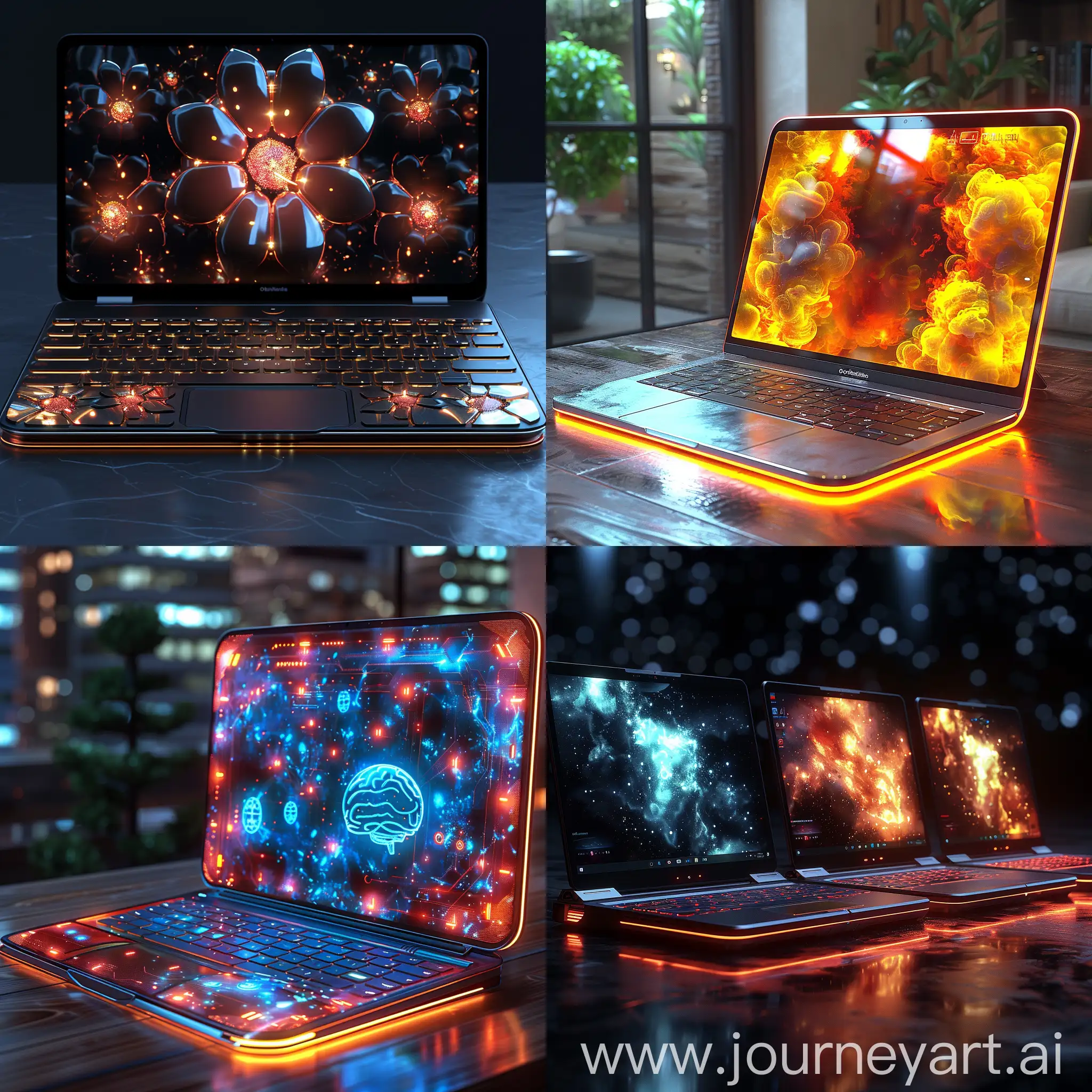 Futuristic laptop, foldable screens, augmented reality and virtual reality integration, brain-computer interface control, self-healing materials, enhanced connectivity, ai-powered assistants, sustainable materials and design, octane render --stylize 1000