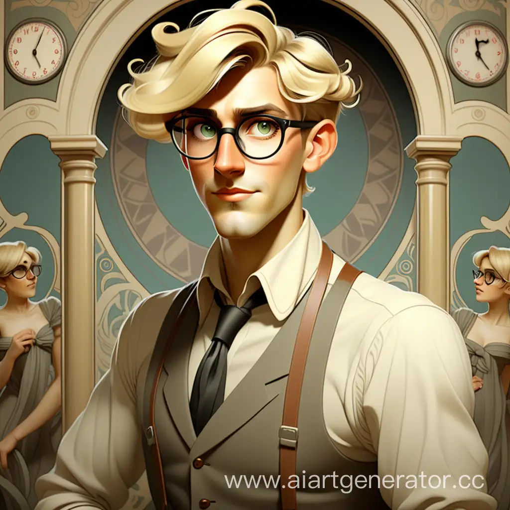 Handsome, tall, spectacled young blonde man radio show host flirty in the style of Alfonse Mucha androgynous 