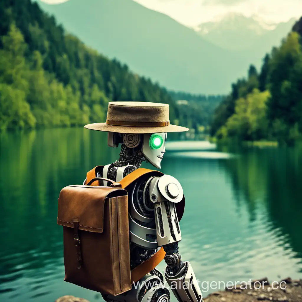 Робот, путешественник, шляпа, портрет, природа, горы, озера, зелёные глаза, мудрость, книга, рюкзак, красивая одежда, красивые черты лица