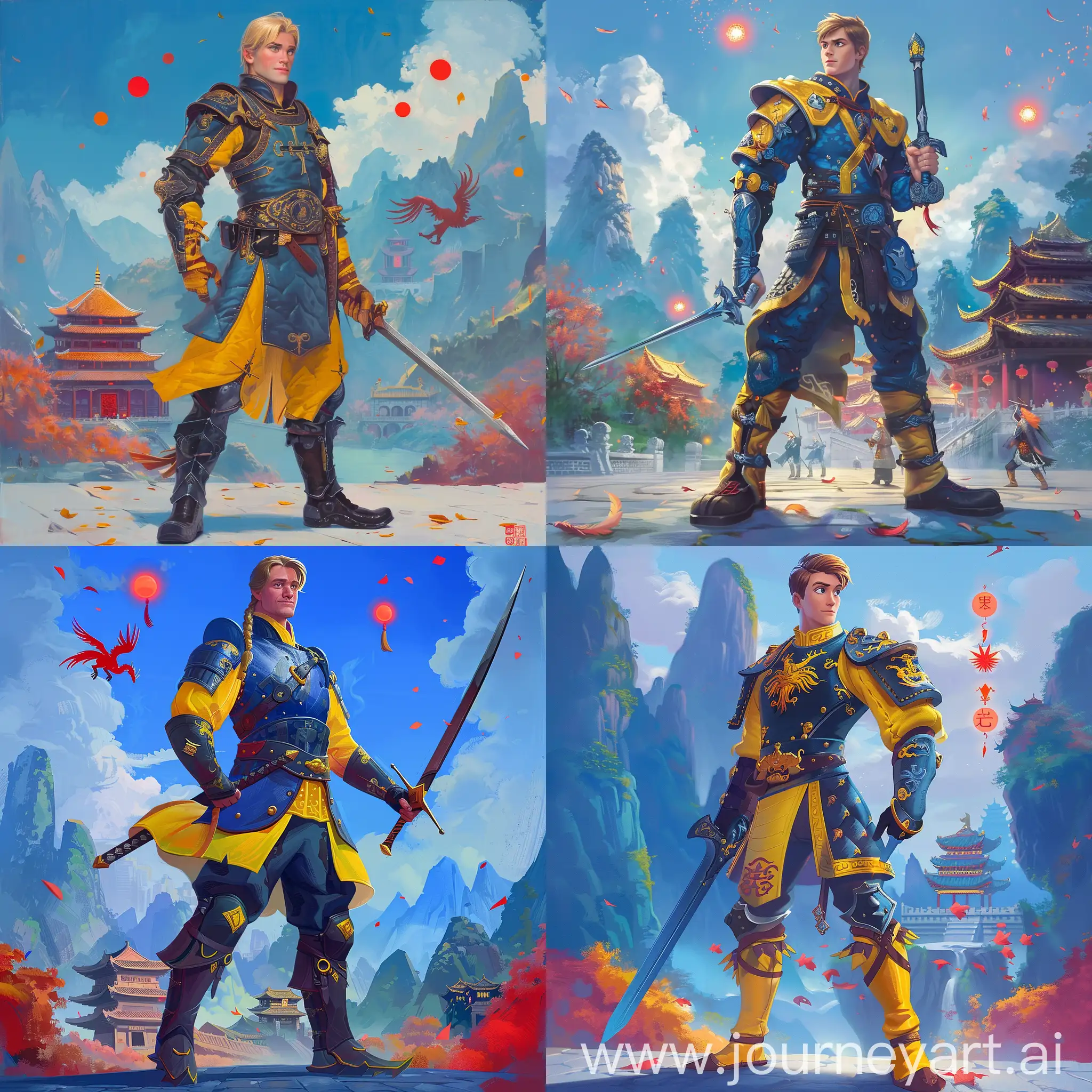 Historic painting style:

a Disney Norwegian Prince Kristoff Bjorgman, he wears dark azure and yellow color Chinese style medieval armor and boots, he holds a Chinese sword in right hand, 

Chinese Guilin mountains and temple as background, small phoenix and three small red suns in blue sky.