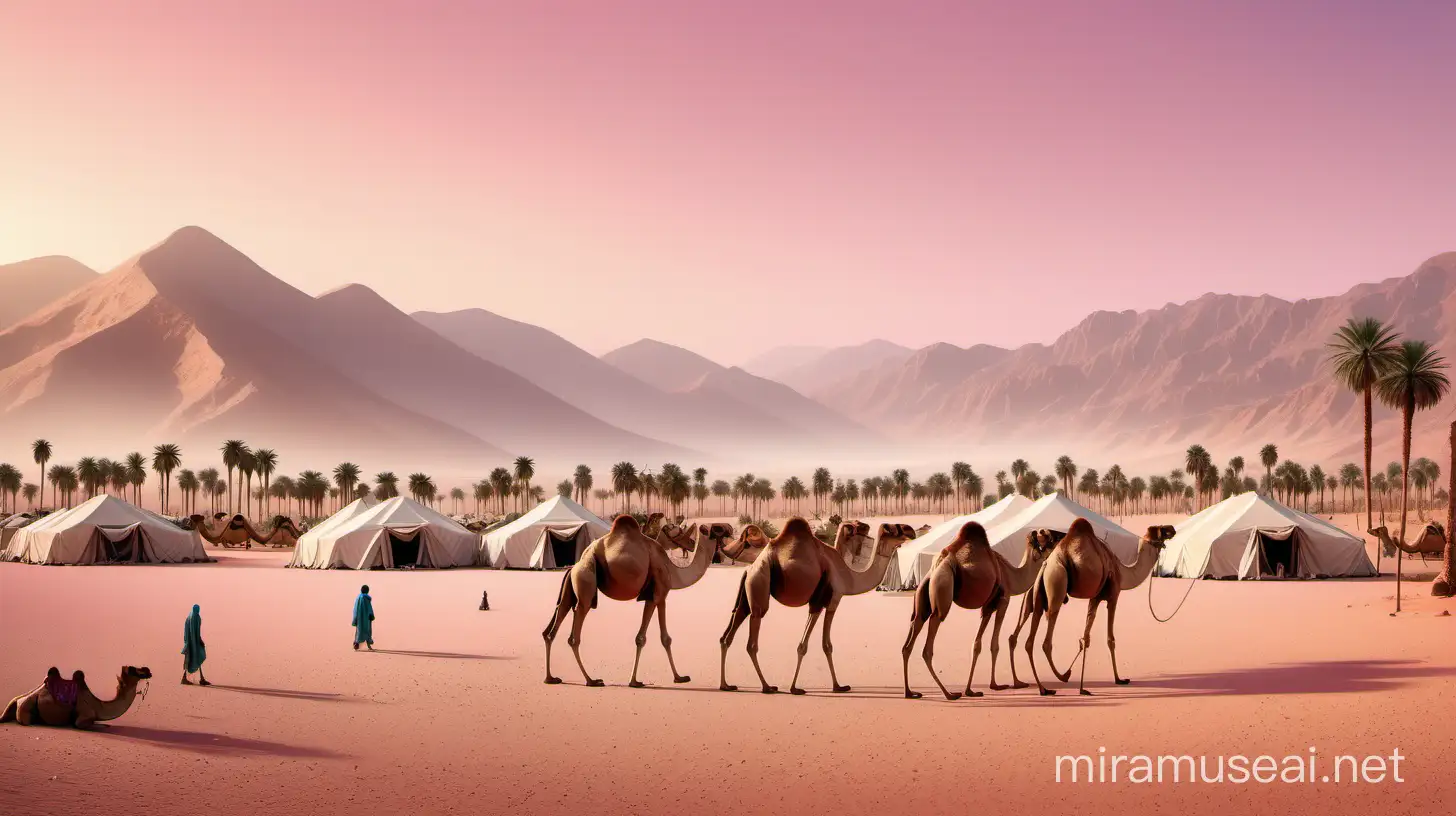 A wide scene in the desert, with many mountains and plantings, a lot of camels, people walking behind them, and they are very happy with tents and palm trees and camels lying down at sunrise time with pink sky and mountains in the background