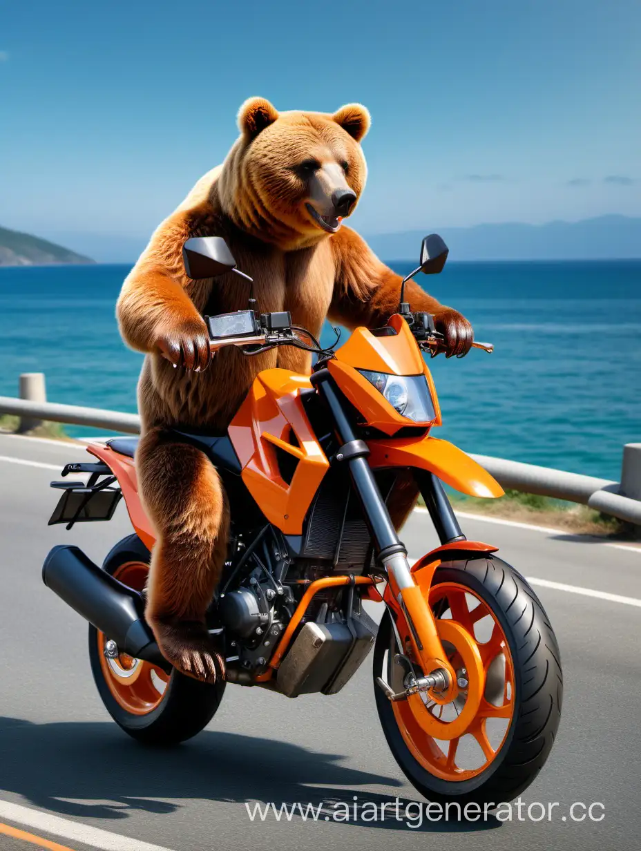 Young-Brown-Bear-Riding-Orange-KTM-1000-Motorcycle-by-the-Sea