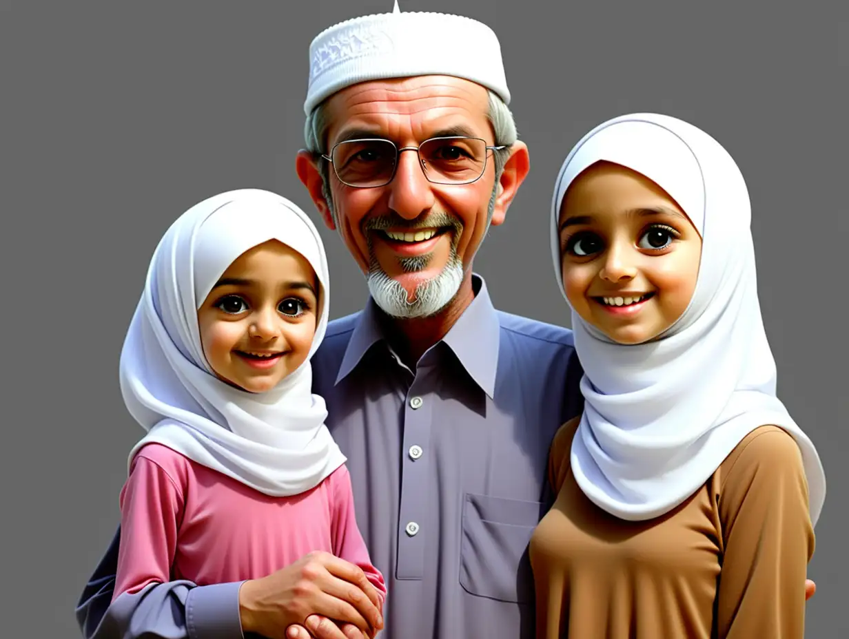 Heartwarming Cartoon Muslim Father Bonding with Two Adorable Daughters