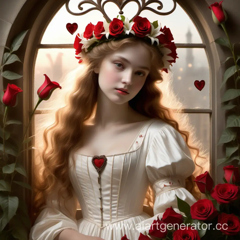 16 век, День Святого Валентина,  рассвет, красивая девушка с тонкими чертами лица длинными светло-русыми волосами в белом платье и венке подбирается к окну любимого, лицо её выражает надежду, светлые нежные тона, изображение заключено в рамку из красных роз и белых лилий наверху сидит купидон с луком