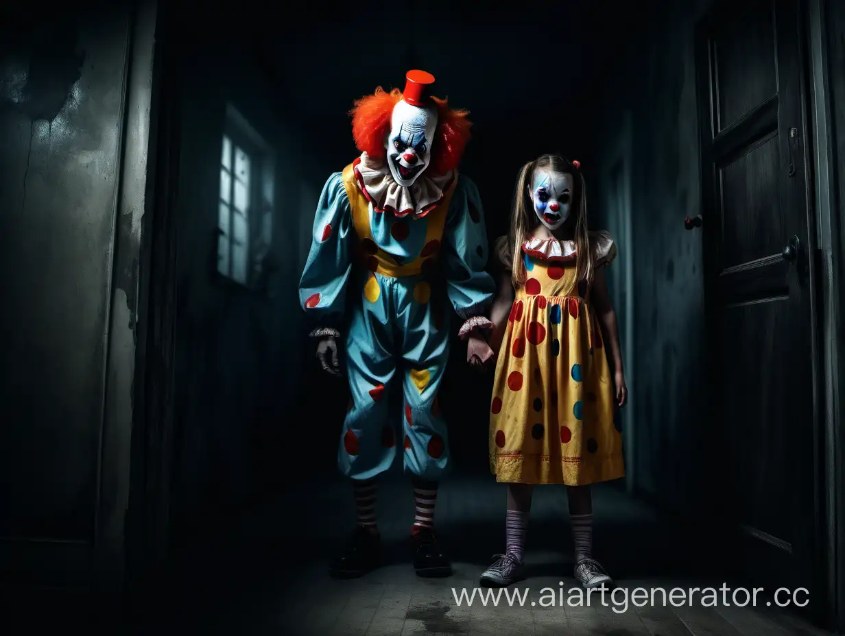 клоун в страшном темном доме с девочкой в полный рост

