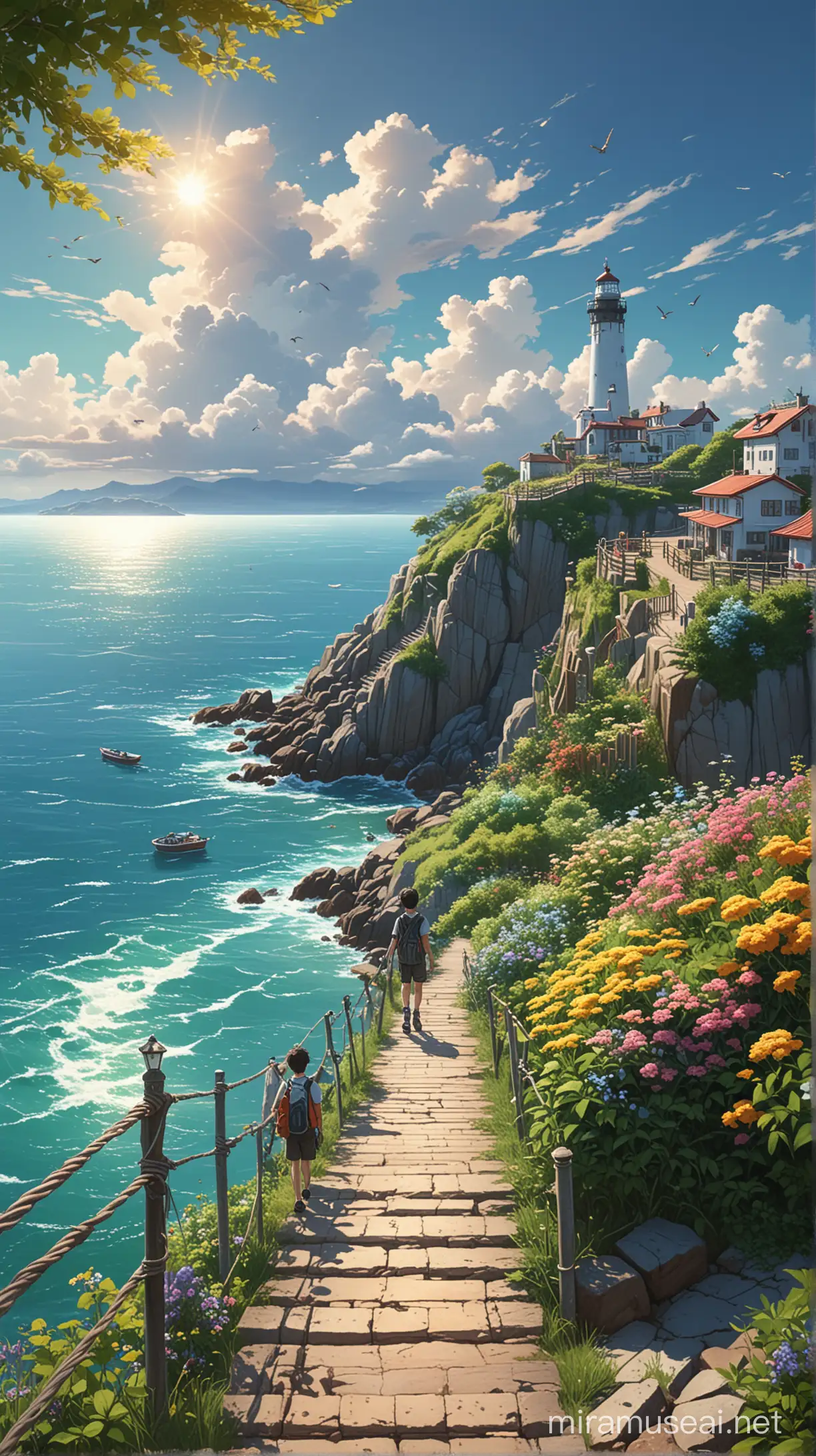 See from high hill path staircase to the pier, lighthouse, sea, fishing village with green bush with vibrant variant flowers to the beautiful vibrant morning sky and fluffy clouds,  a boy Students returning from school , wire and pole, birds perched on wire, Ultra detailed, render 8k, stable diffusion, acrylic palette knife, anime, makoto shinkai style, ghibli style, mystica_meta style, full shot photography style, majestic, ultra detailed, trending pixiv style,