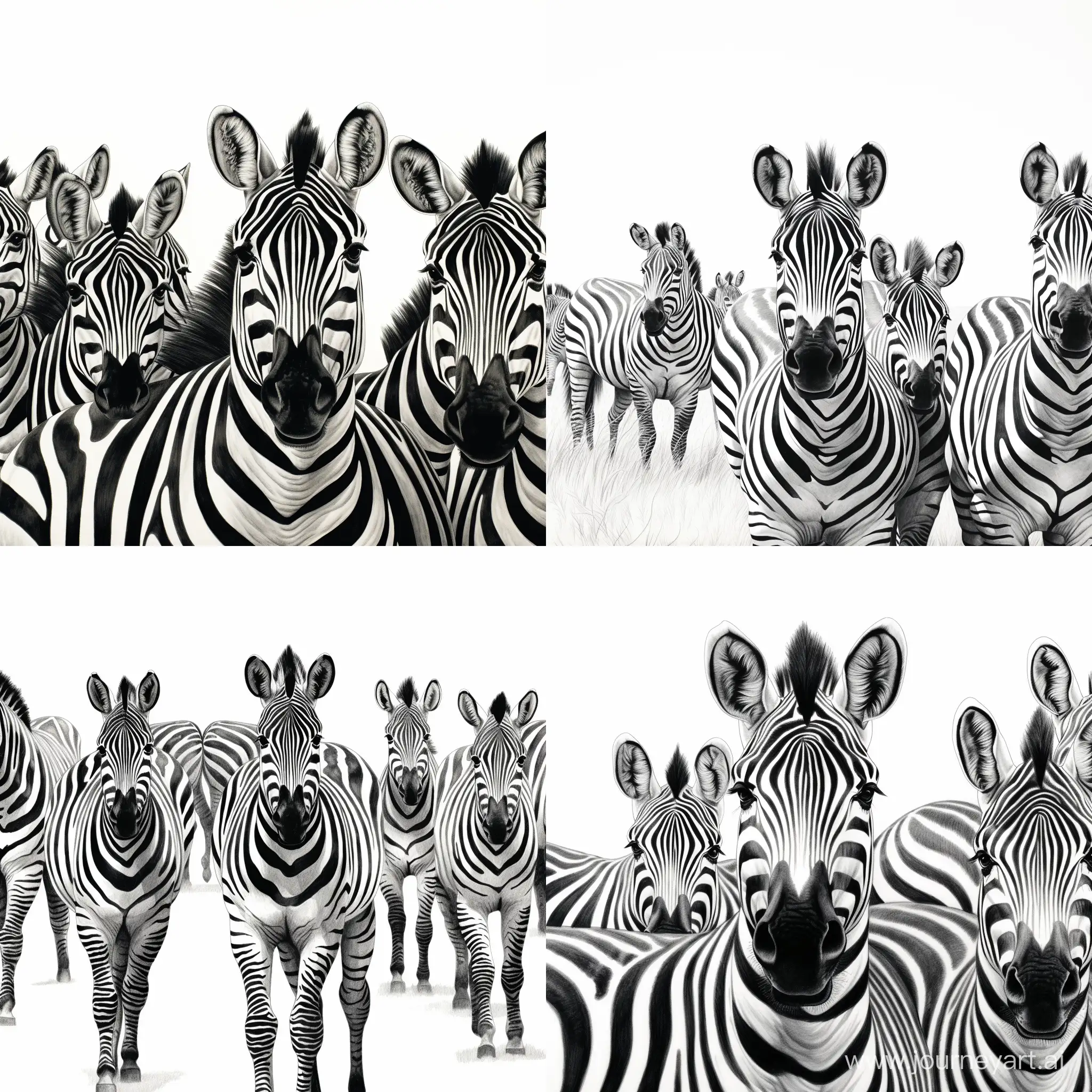 Realistic-Herd-of-Zebras-Line-Drawing-in-Black-Ink-on-White-Background