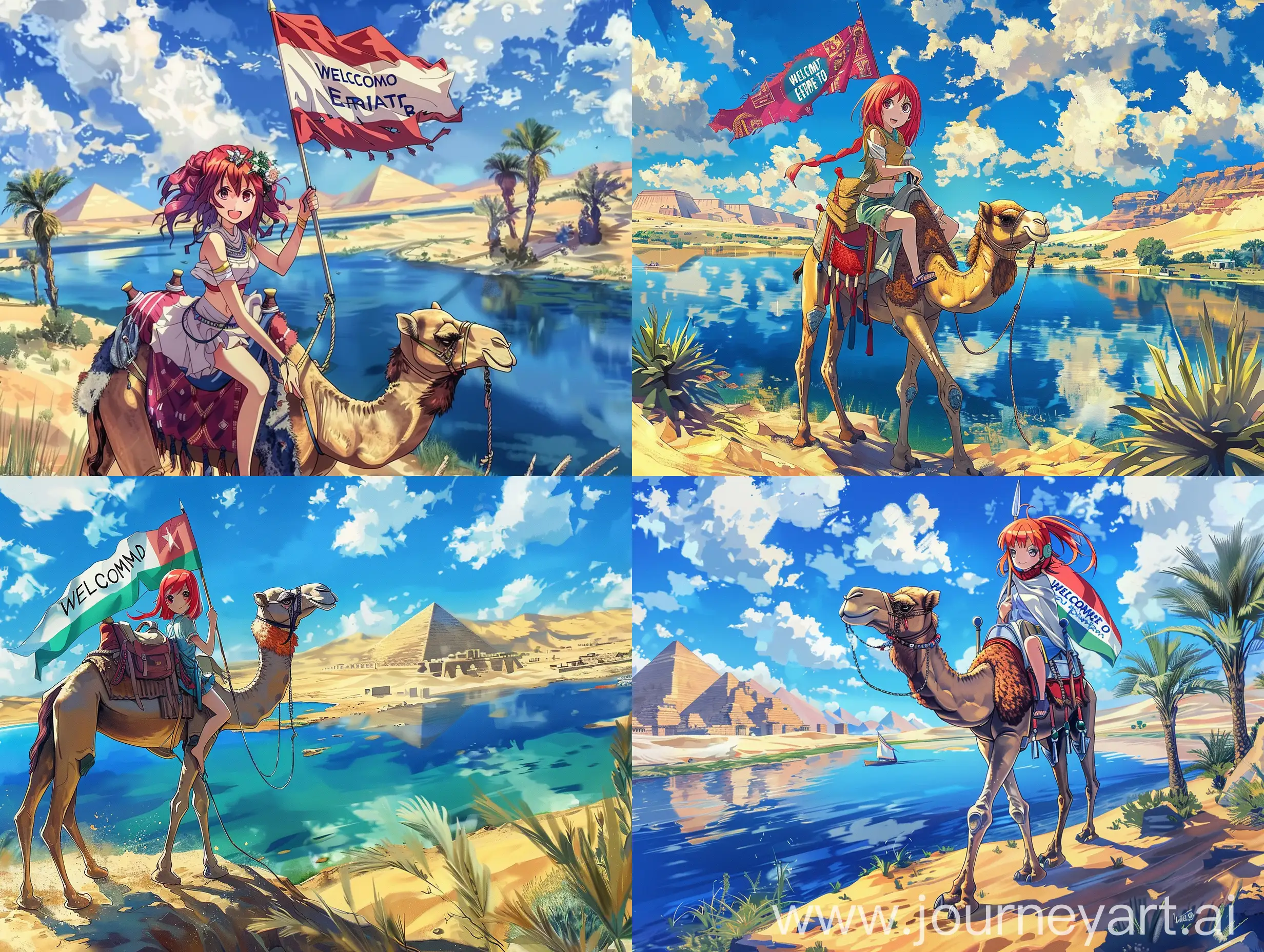 An anime girl with red hair and a beautiful expressive face rides a camel beside a lake in the desert, holding a flag that reads "Welcome to EGYPT," blending anime aesthetics.