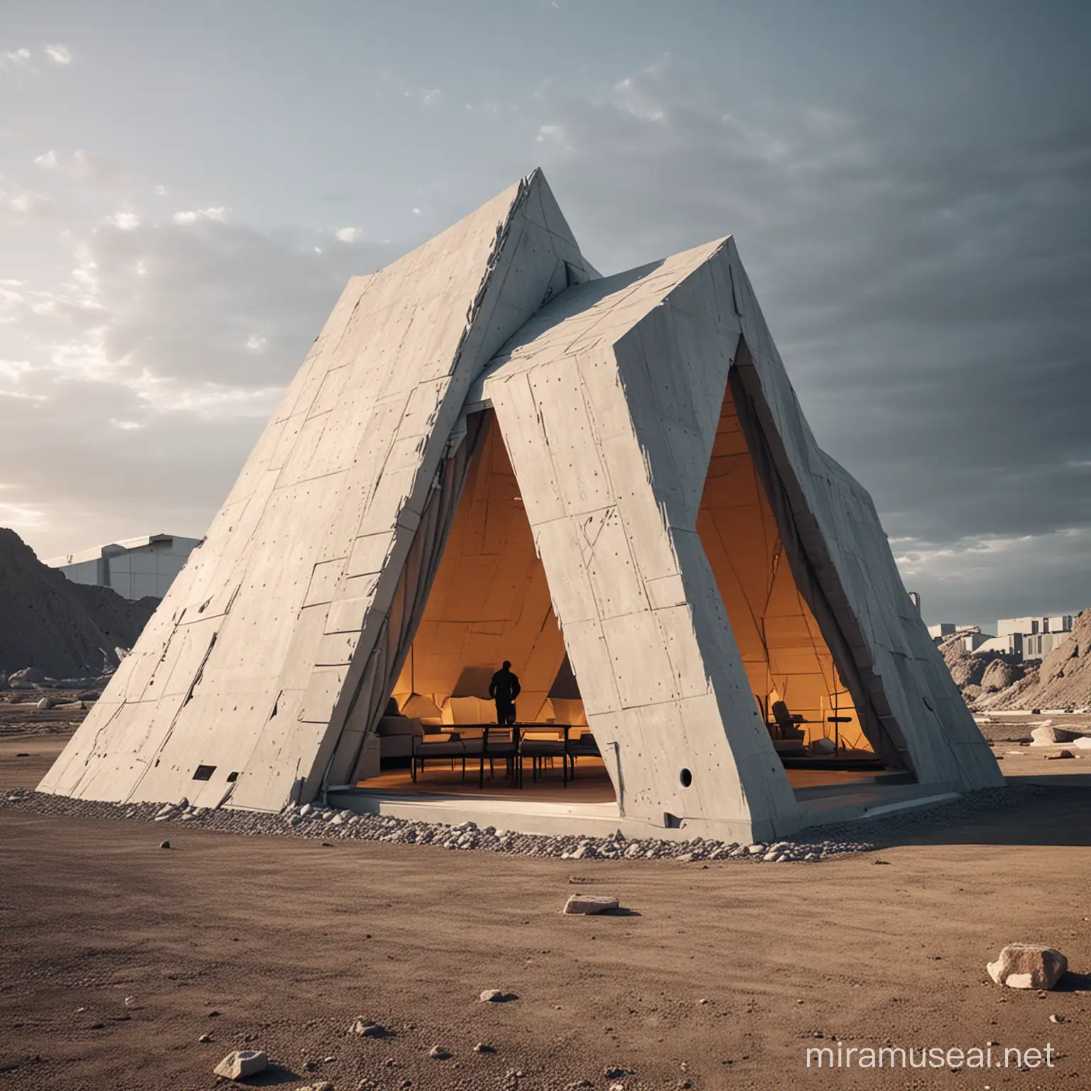 futuristic deconstructivism tent architecture, tent is concrete