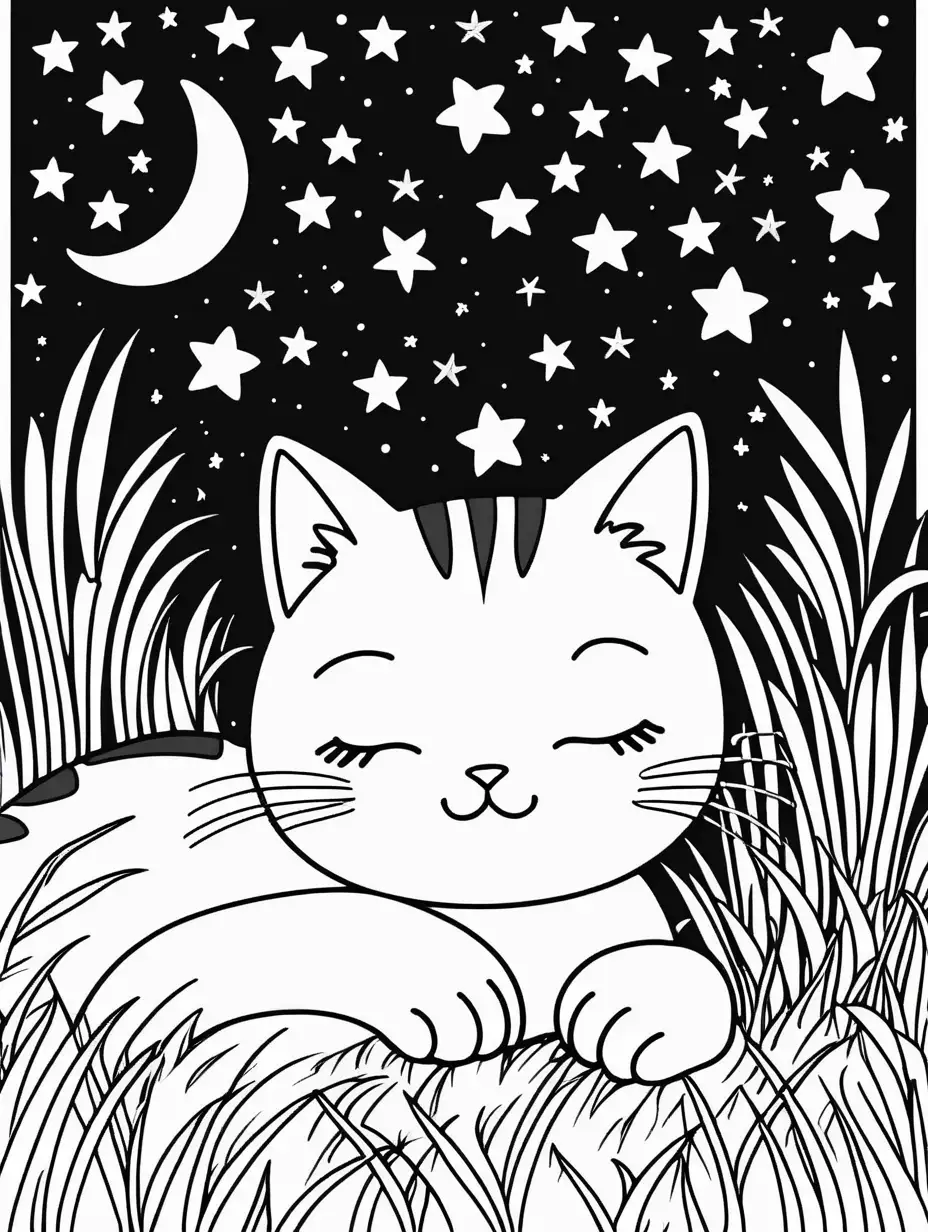 Adorable Kawaii Cat Sleeping in Night Sky Coloring Page for Kids
