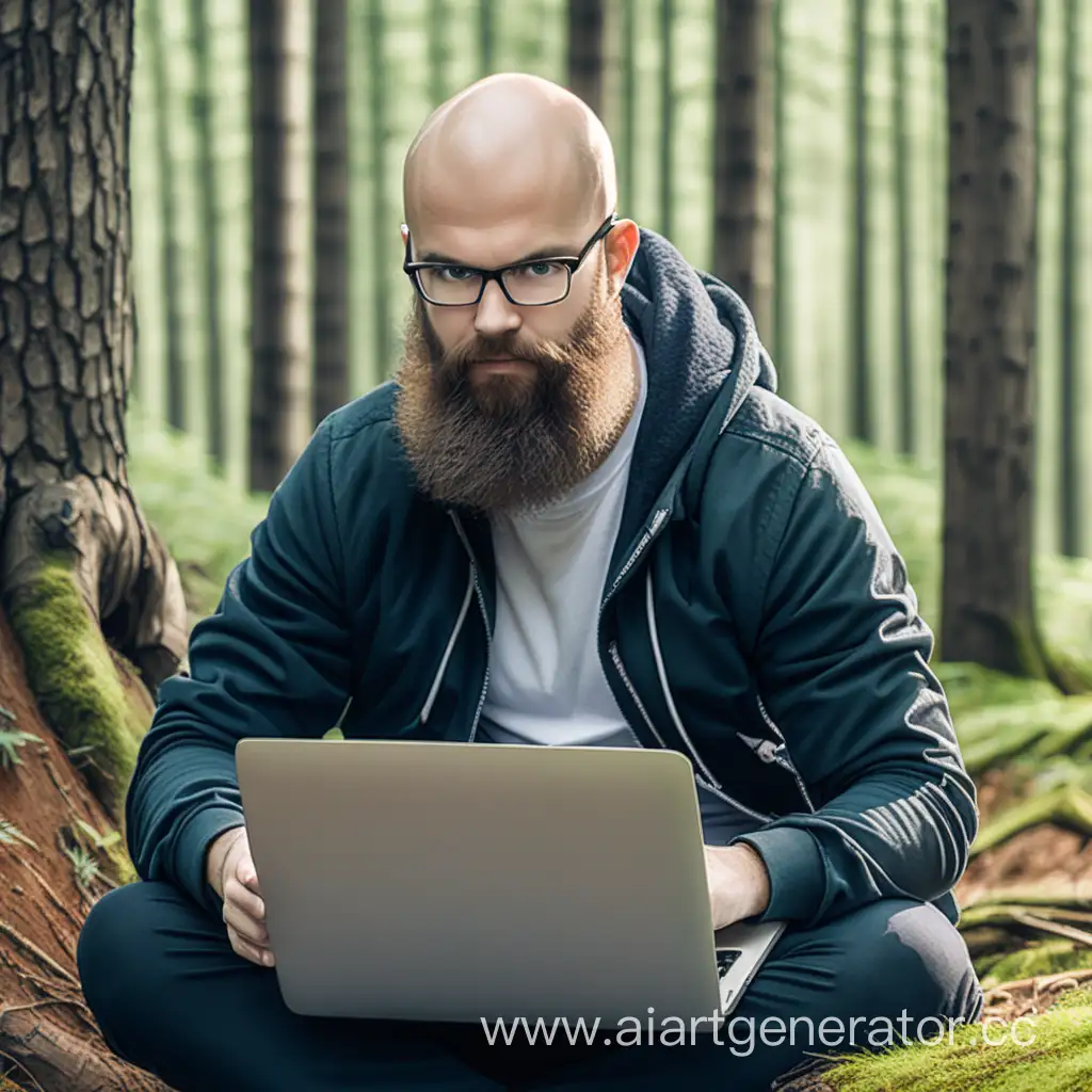 Bearded-Bald-IT-Professional-Working-in-the-Forest-with-Laptop