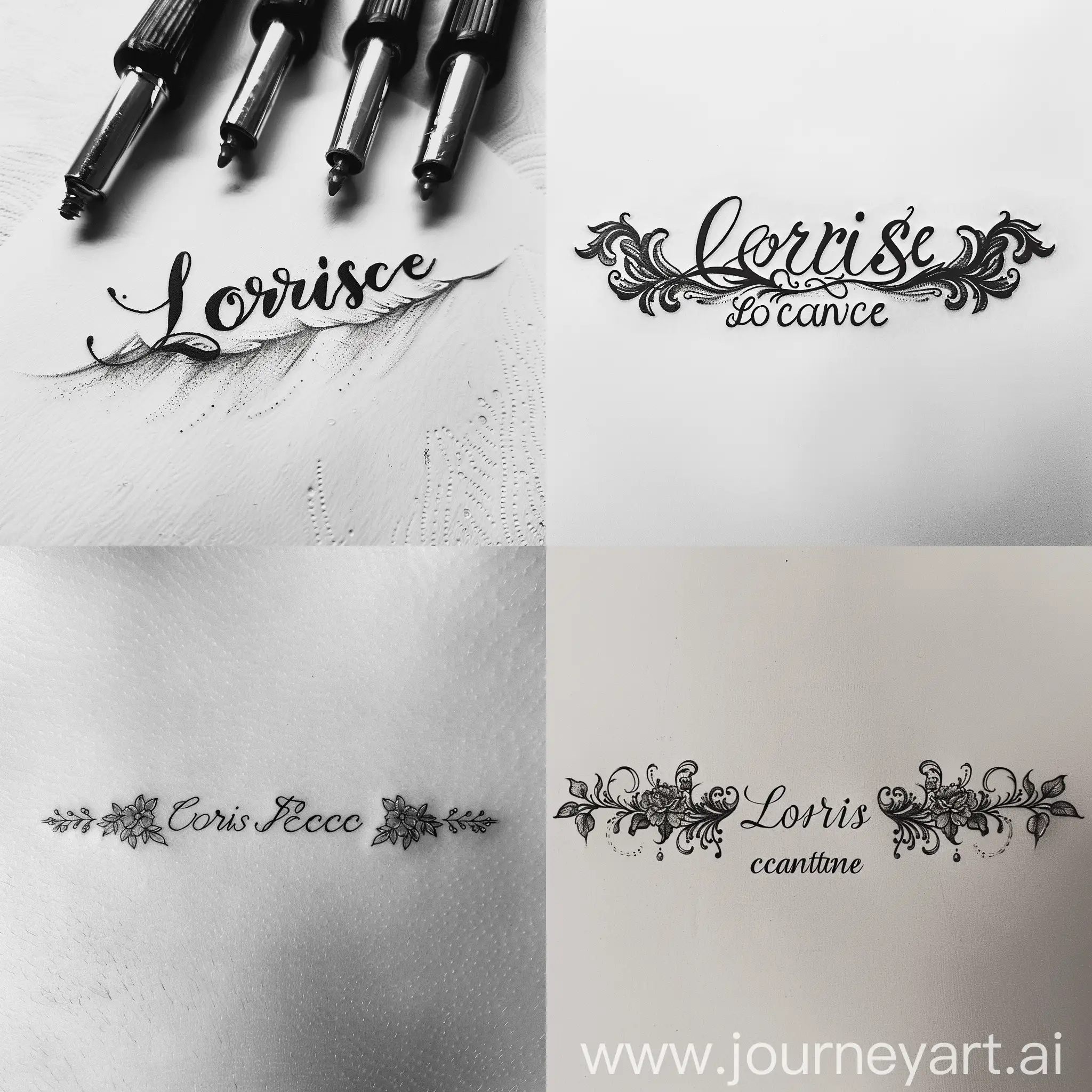 minimalist tattoo design of calligraphy of name loris and oceane, on a white background


