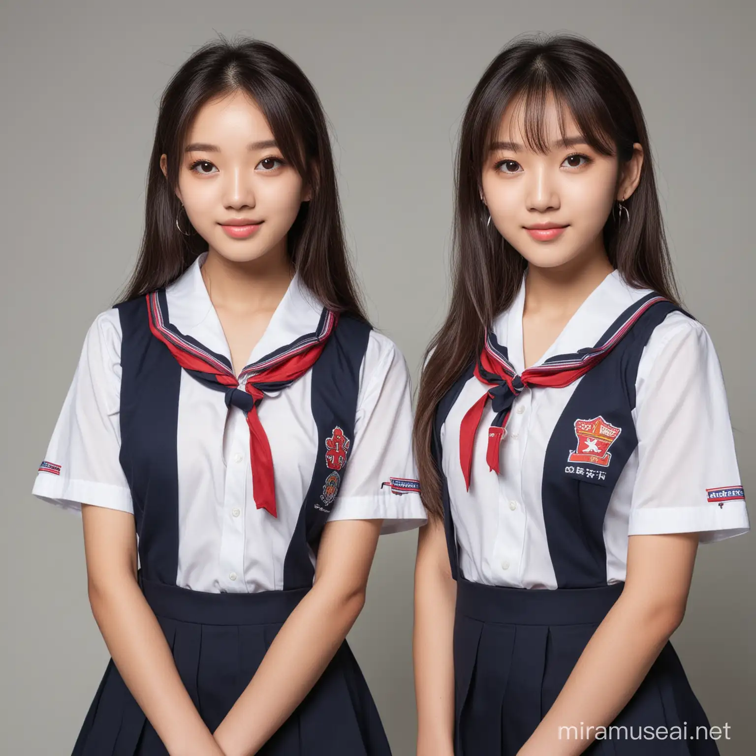 two pretty girls realistic wearing singaporean school uniforms, very pretty, look like kpop idols, singapore uniform, cute and very pretty singaporean school girls, full school uniform short sleeves, very pretty face, like kpop idol without makeup, all natural, teenager, 13 years old