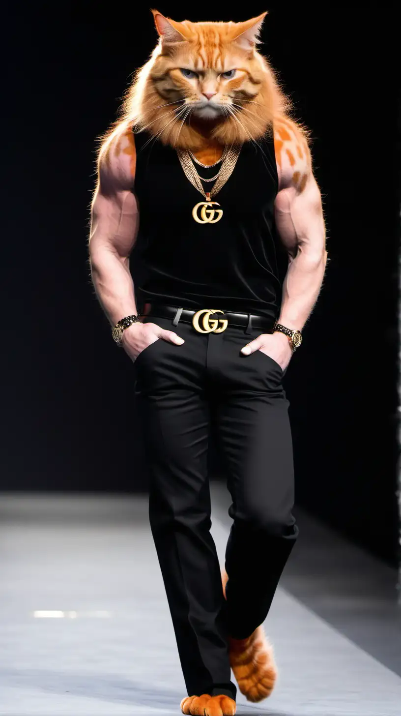 Fashionable Orange Cat Struts in Gucci Black Pants and Gold Necklace on Stage at Fashion Week