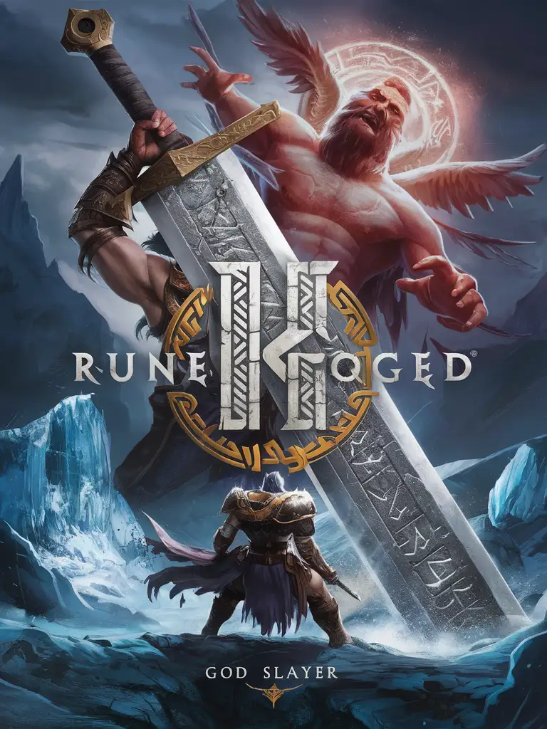 Stylized Nordic Game Art Featuring Runeforged God Slayer with Rune Carved Logo