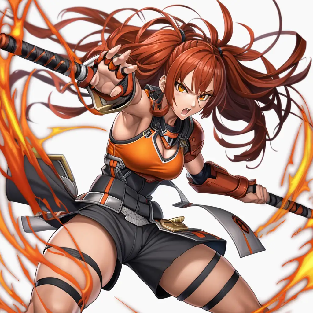 anime woman, tall, buff, wild expression, sharp eyes, intimidating, intense, tomboy, hair down, vicious, full body, bo staff, red, orange, yellow, partially armored, action pose, dynamic movement, high energy, running forward