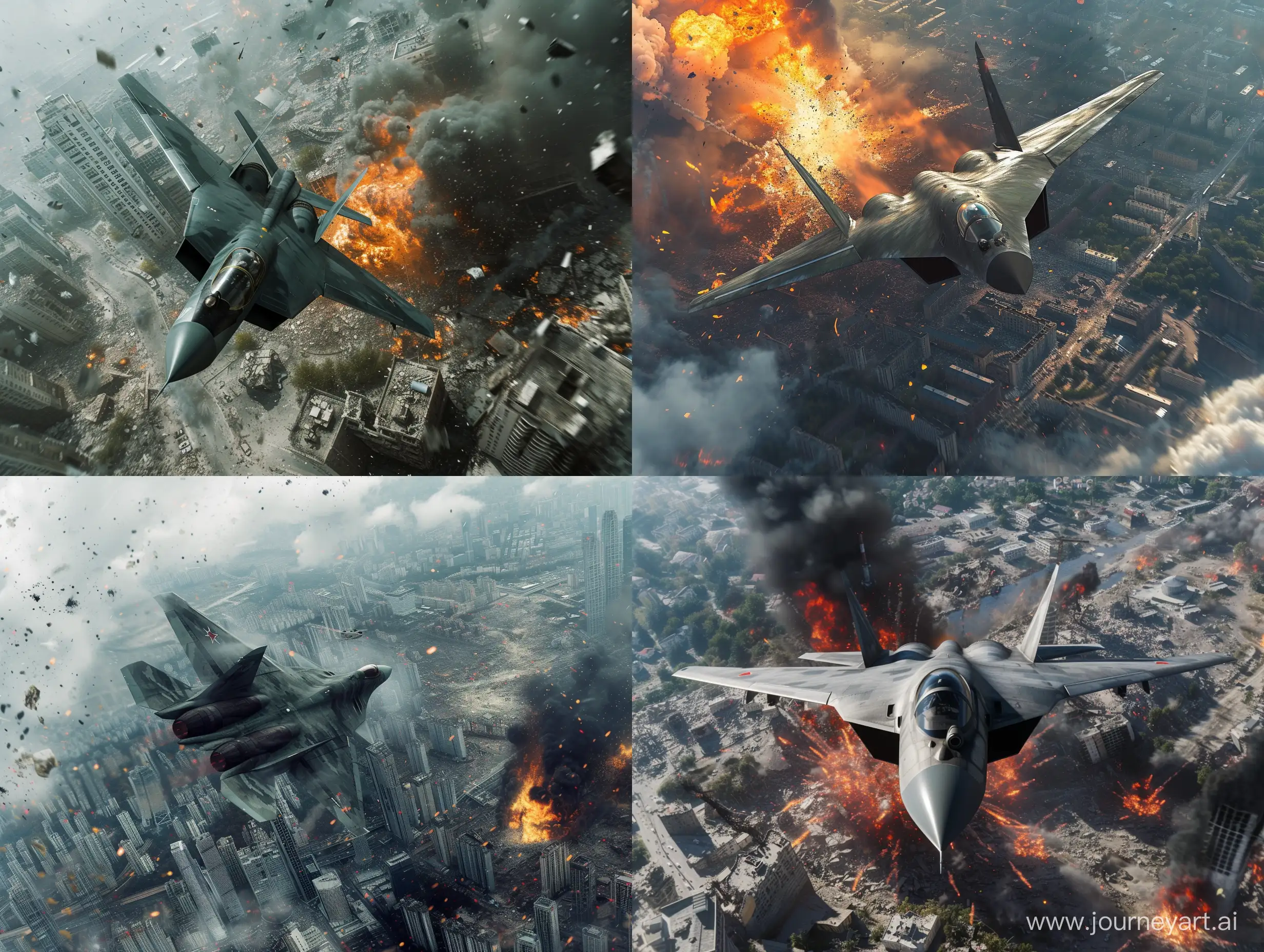 Su-57 flies over a destroyed city, building explosion, full view, drone view, landscape, cinematic