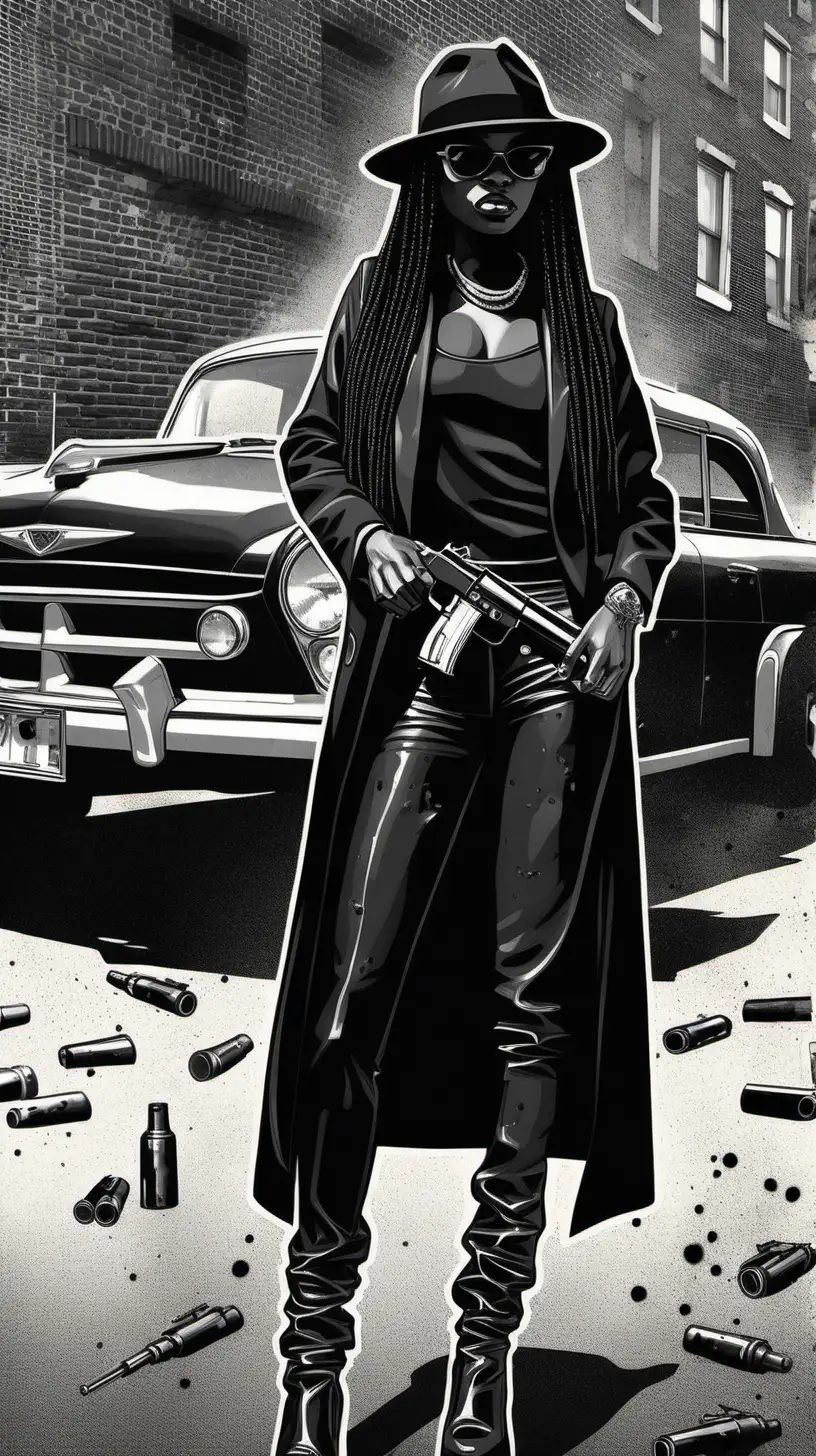  black and white vintage poster, brick wall in the background, modern african american mafia young woman, with  hair braids like Brandy's, wearing a black fedora and  sunglasses and a long black coat, holding a gun,  her back turned to the viewer, face not visible with a vintage mob mafia black car in the background, a lot of background visible, small figure, bullet holes in the car, girl visible from head to toe, wearing black boots. 