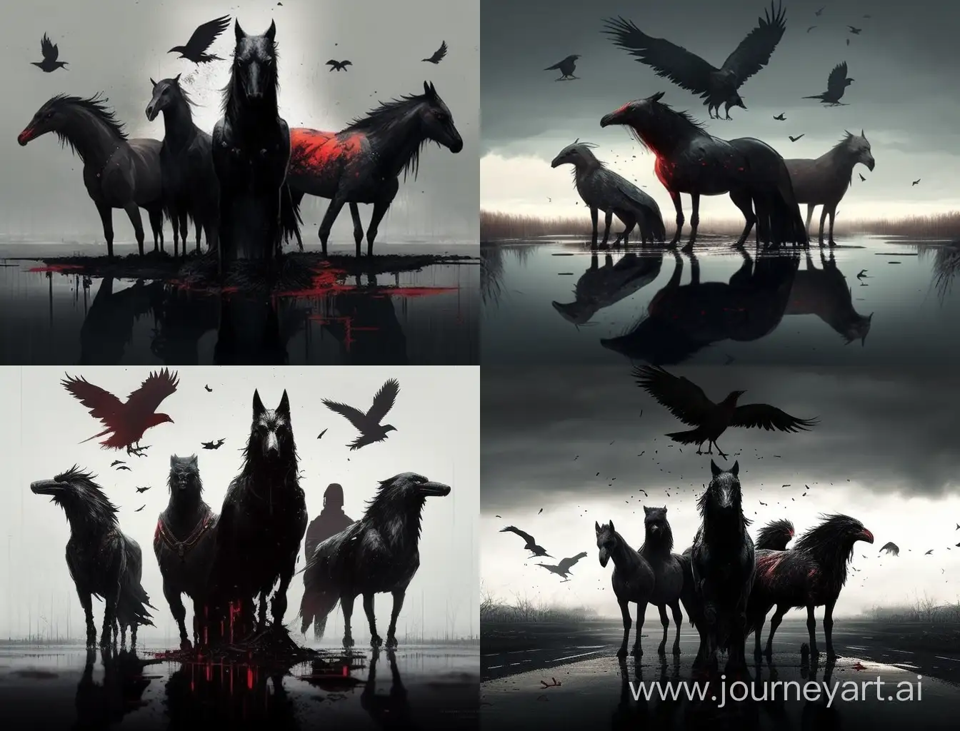 Imagen épico-realista. El cielo oscurecido por cuervos negros. En medio de la imagen (de derecha a izquierda) cuatro caballos: un caballo rojo, otro negro, otro bayo y otro blanco. Los cuatro caballos cabalgan sobre un charco de sangre
