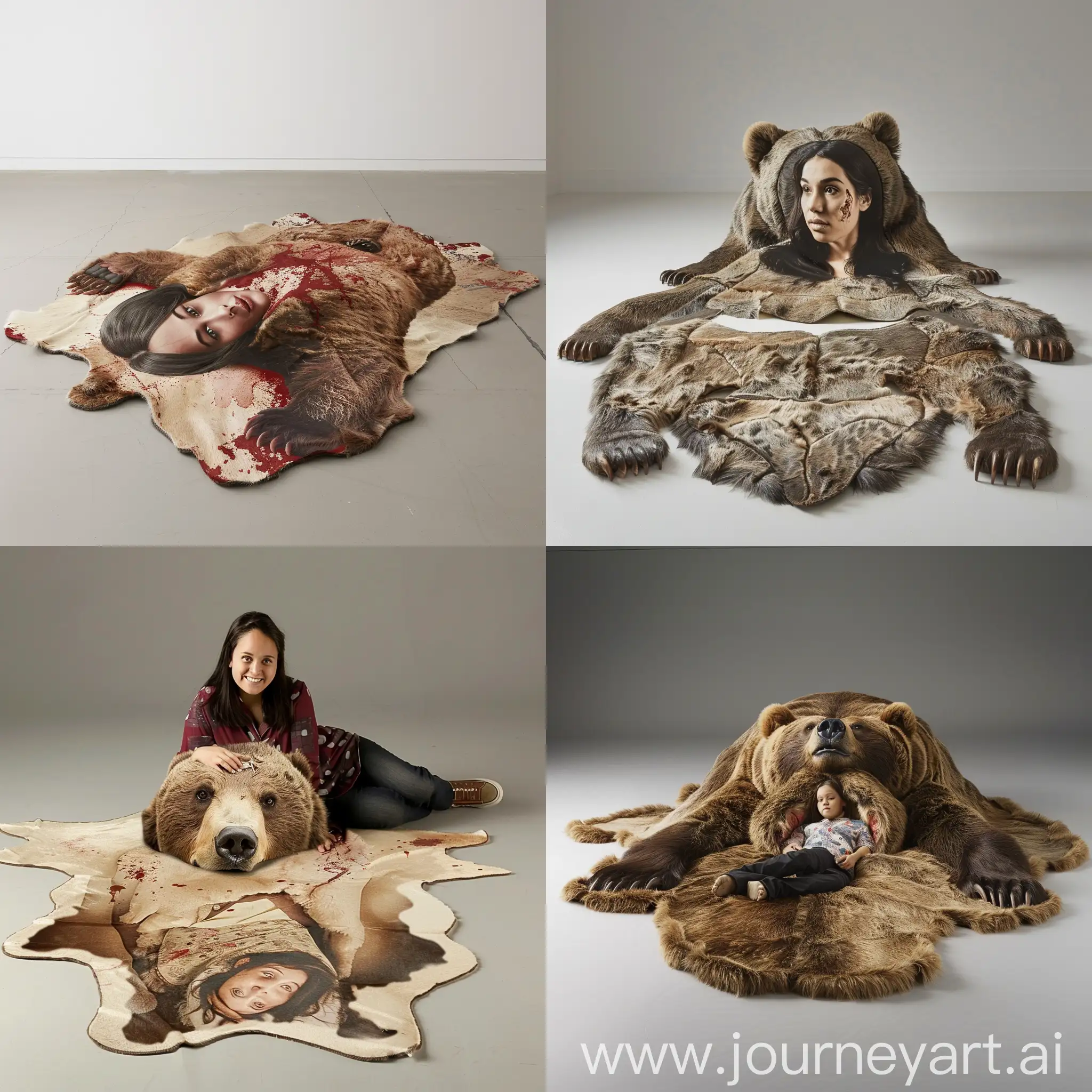 one of those bear skin rugs with the head and pelt spread out  but instead of an animal its a human woman but not bloody just surreal