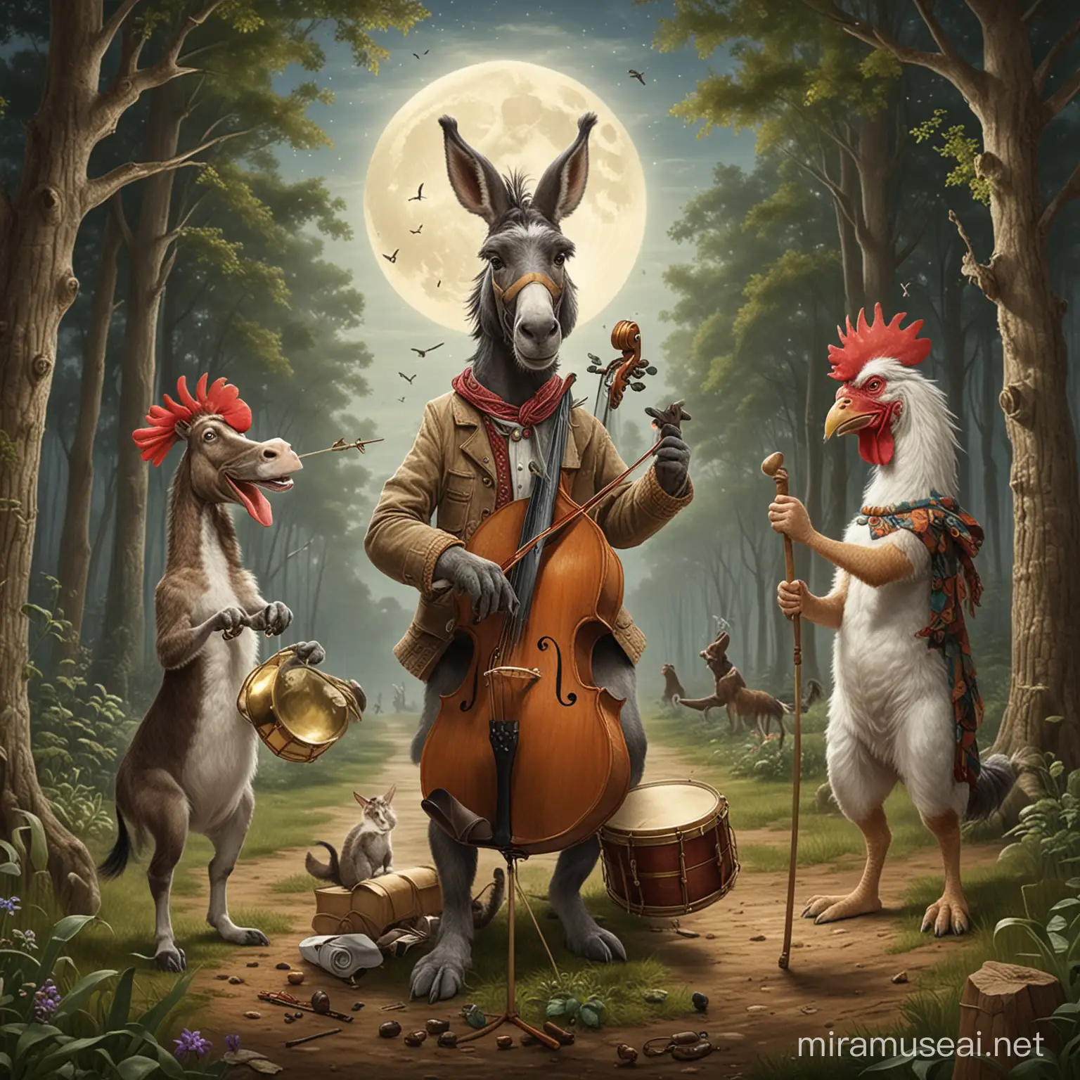 The image should depict a donkey, a dog, a cat, and a rooster standing on top of each other, playing music. The donkey should be playing the flute, the dog should be playing the drums, the cat should be playing the violin, and the rooster should be playing the trumpet. The animals should be standing in a forest clearing, and there should be a full moon in the background.