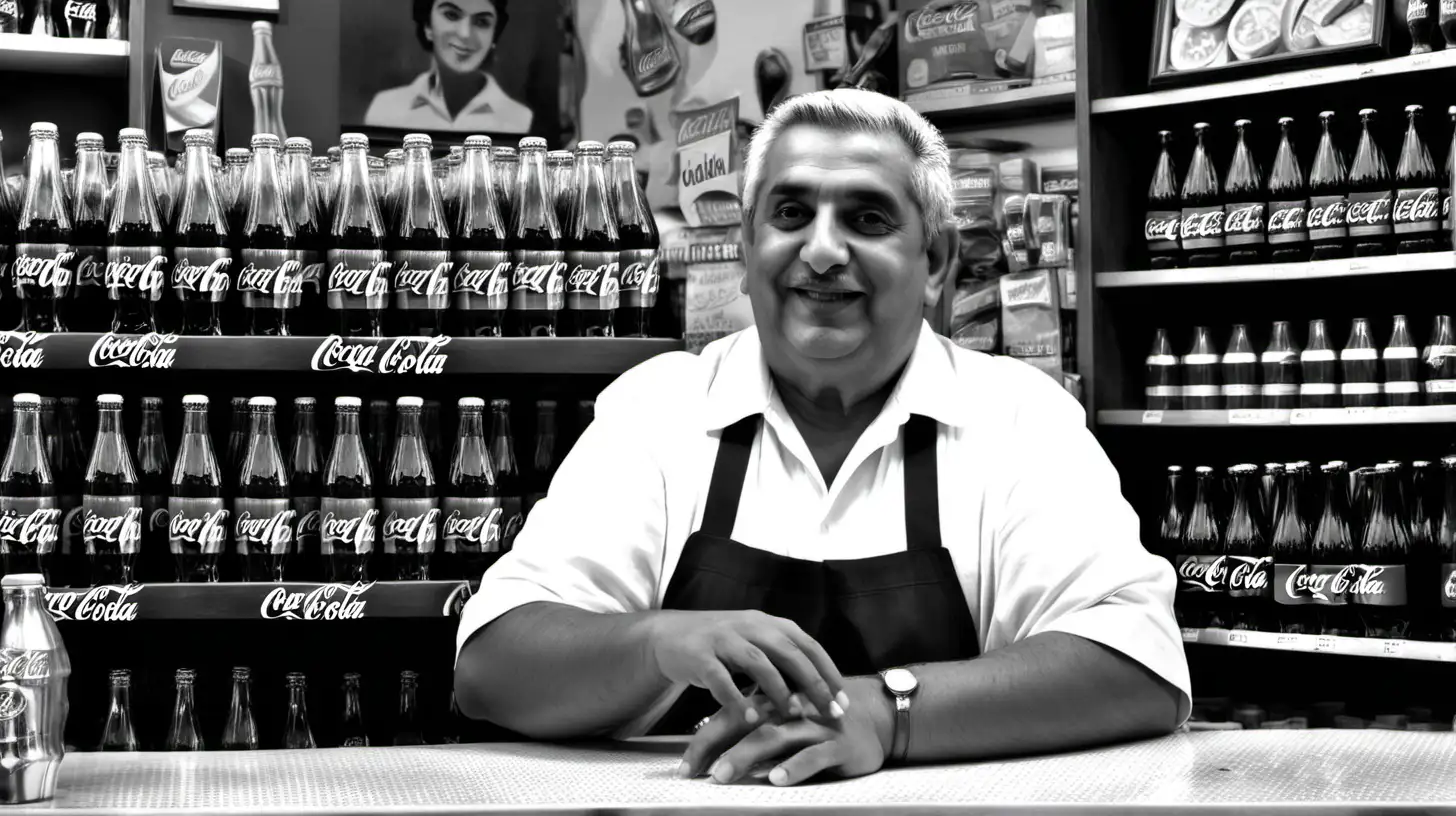 Make a picture in black and white of a latin shop owner behind the counter selling coca cola