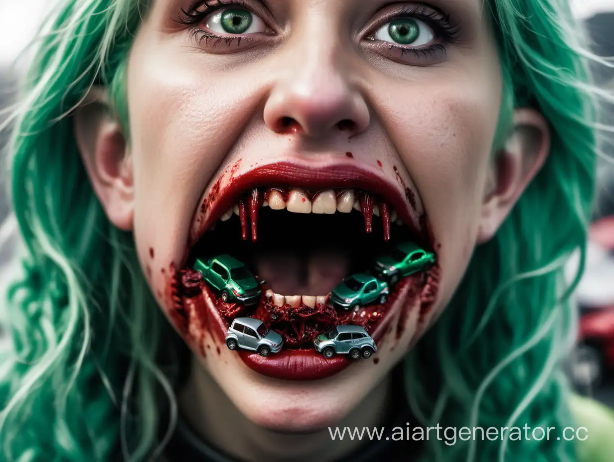 Photo of mouth of an elf woman with green hair, a lot of tiny cars and trucks are wrecked and stuck inside the mouth, blood, cars inside the mouth,cars are wrecked and broken on teeth, trucks stuck in the teeth,vehicles are crushed in the mouth, very small cars and trucks, vehicles are extremely tiny and microscopic