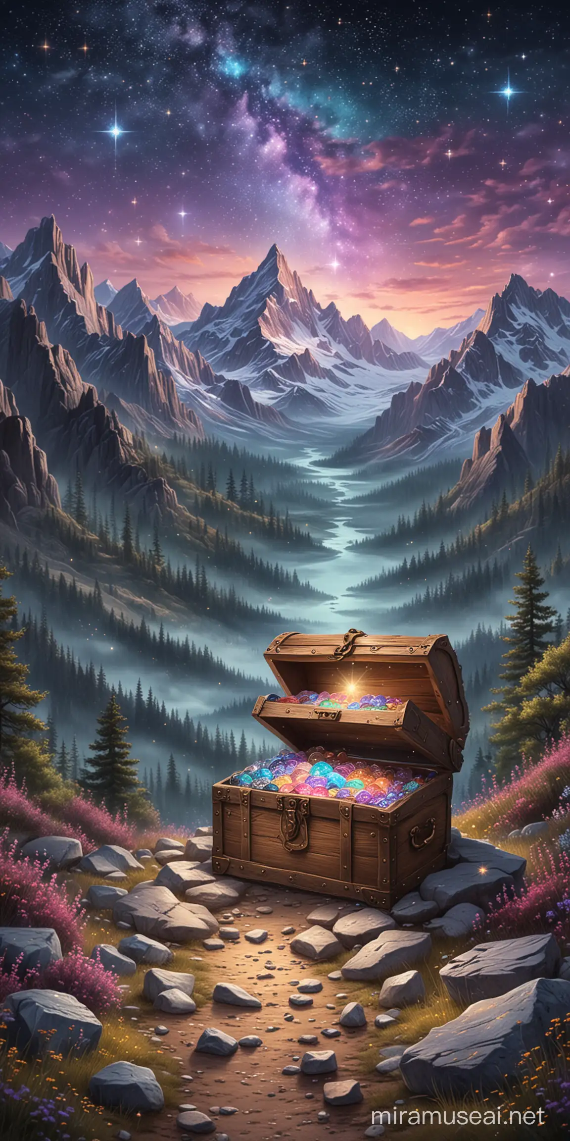 Overflowing Treasure Chest Pastel Drawing Enchanting Mountain Scenery with Starry Night Sky