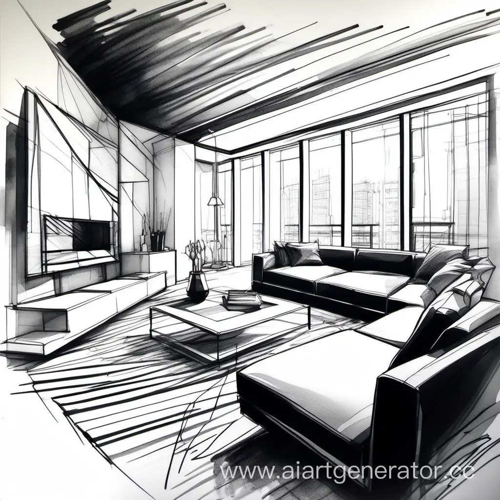 Minimalistic-Interior-Sketch-with-Dynamic-Markers-in-Black-and-White