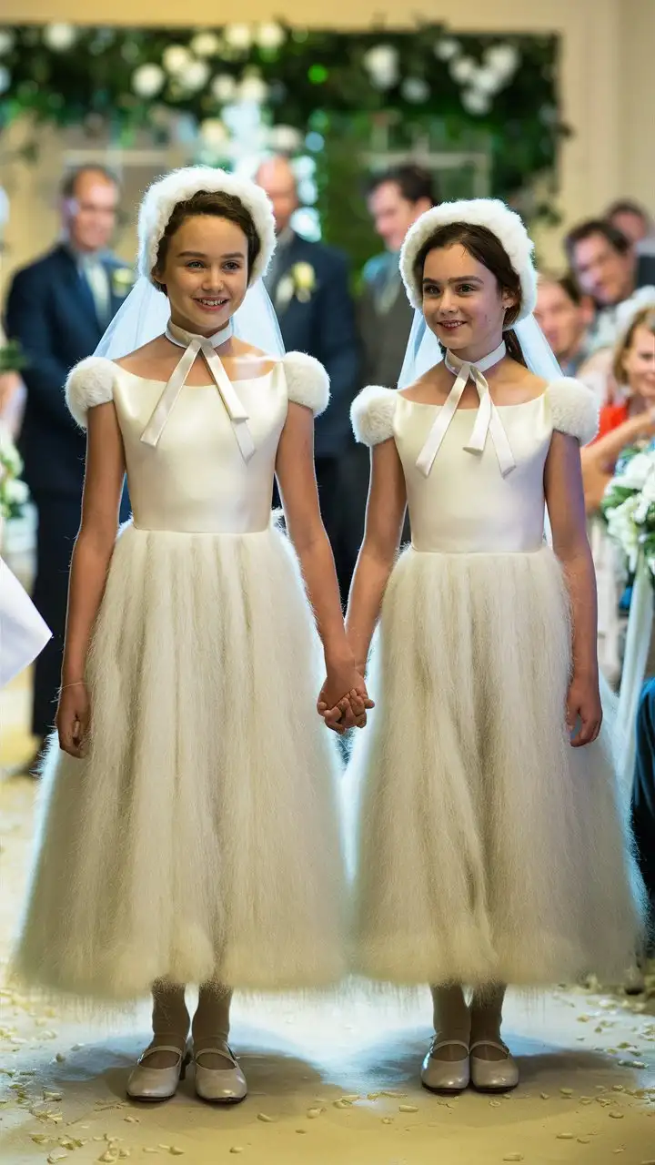 Angora Wedding Drama Preteen and Child in Matching Fluffy Gowns