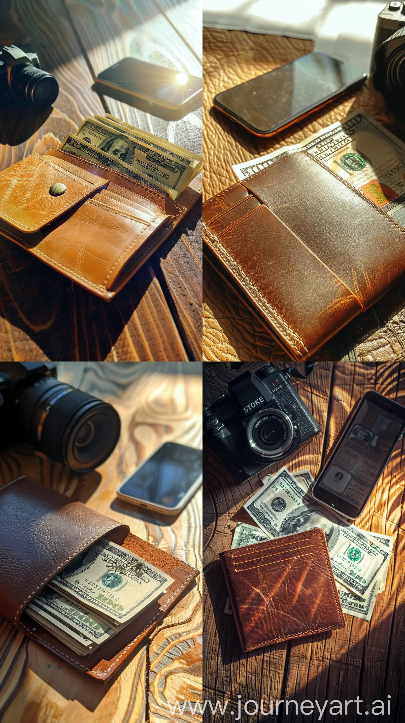 A leather women's wallet with 100-dollar bills visible, iPhone camera, sun rays --v 6 --ar 9:16
