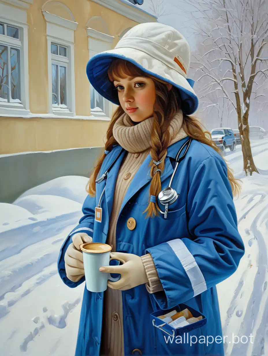 Snowing-Nature-Scene-Doctor-Girl-with-Coffee-in-Vladimir-Gusevs-Oil-Painting