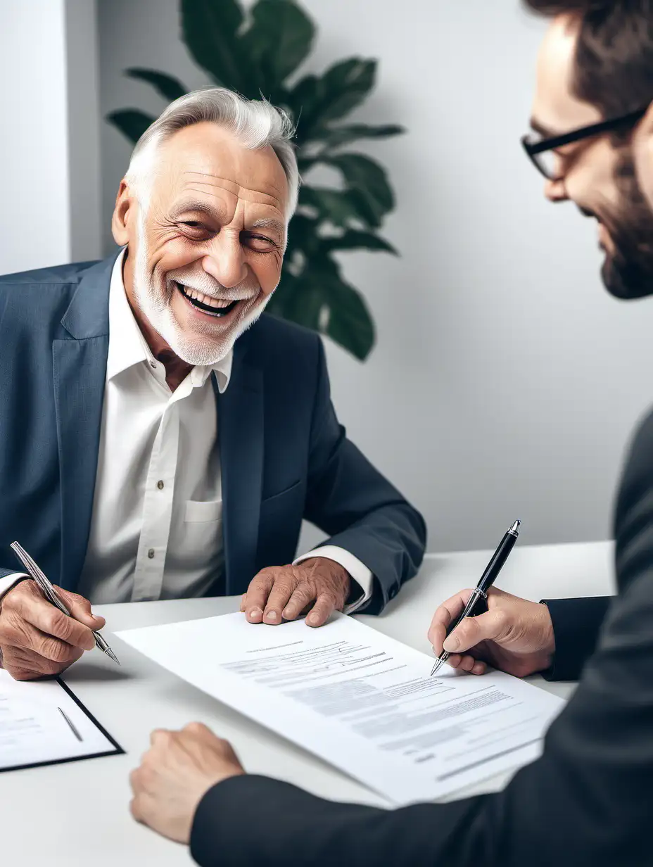 Joyful Client Signing Contract with Smiling Elderly Man