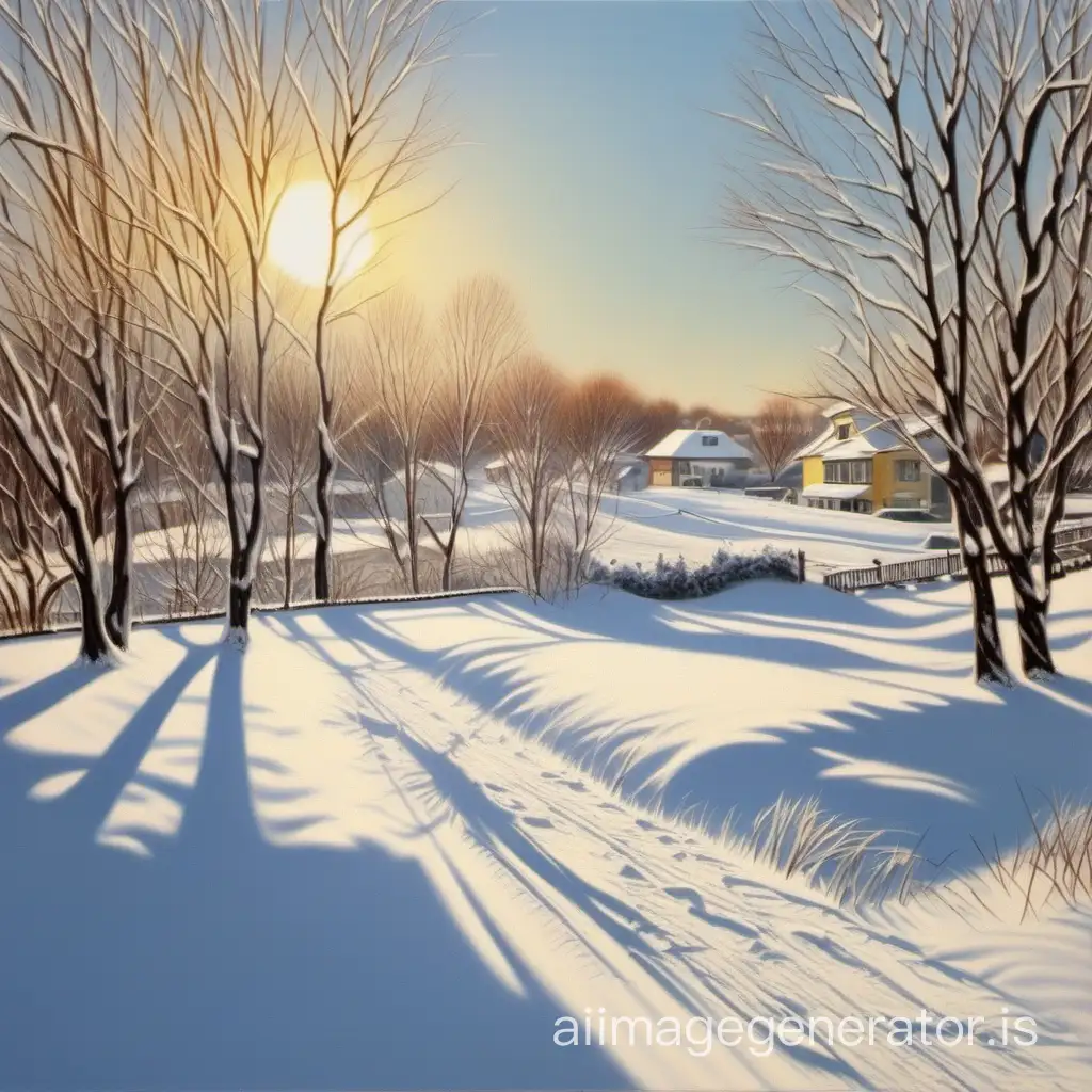 Снежный, солнечный зимний пейзаж, праздник, реализм