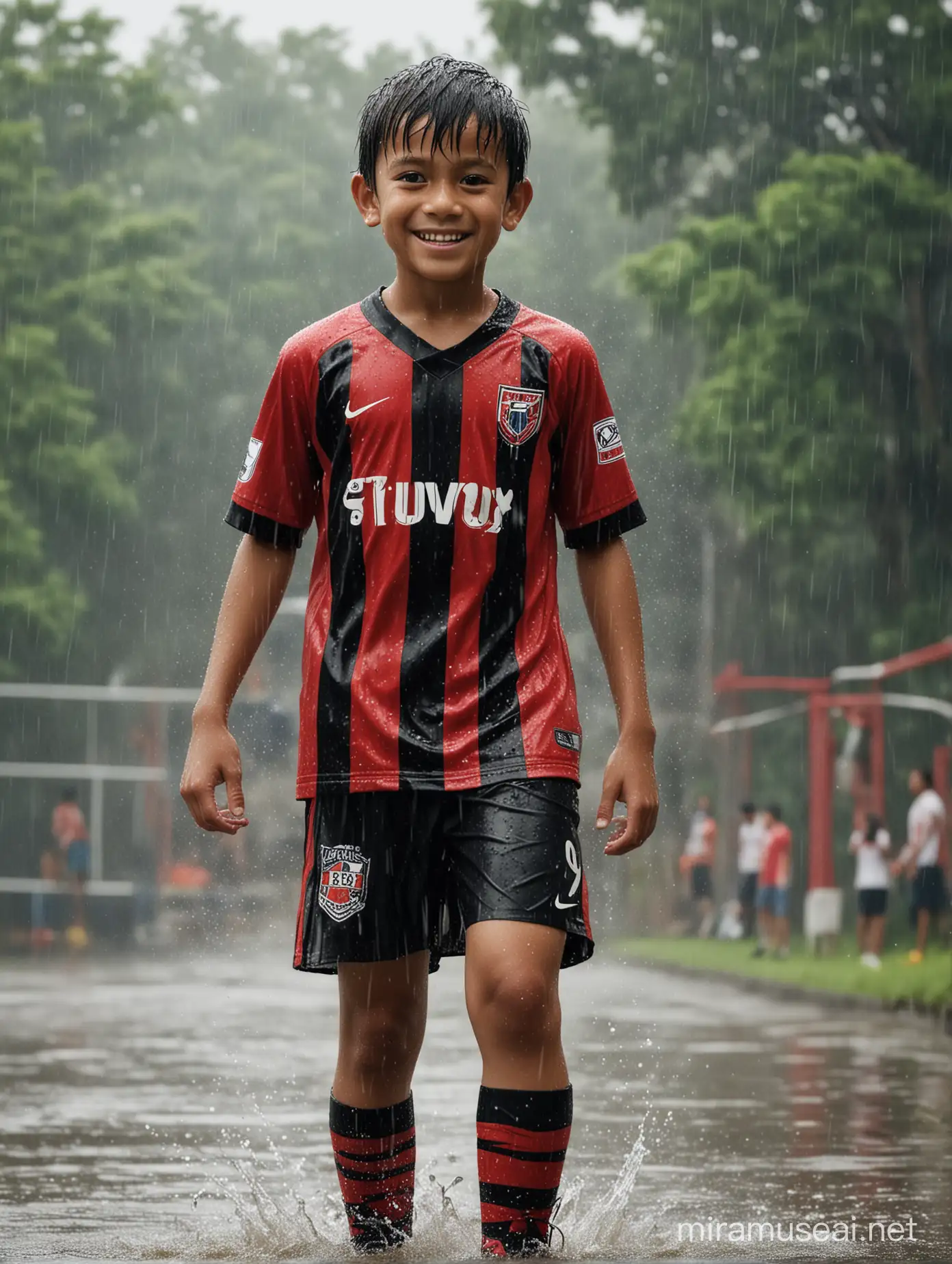 Gambar hiperrealisme seorang anak laki-laki Indonesia tampan berusia 9 tahun berdiri di bawah hujan lebat. memakai jersey warna merah garis hitam dengan nomor 7 , sepatu sepakbola NIKE, Dia menatap ke arah kamera sambil tersenyum beekacak pinggang, salah satu kakinya menginjak bola, Pemandangan dari depan. Anda bisa melihat air memercikkan seluruh tubuhnya. Latar belakang lapangan sepakbola dengan detail yang terlihat begitu nyata
