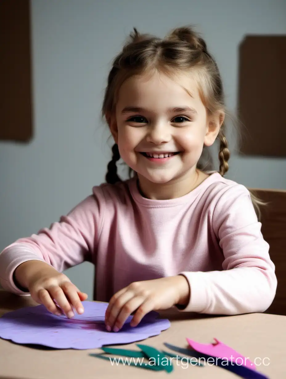 little girl makes crafts with her hands at the table, sits straight and smiles
