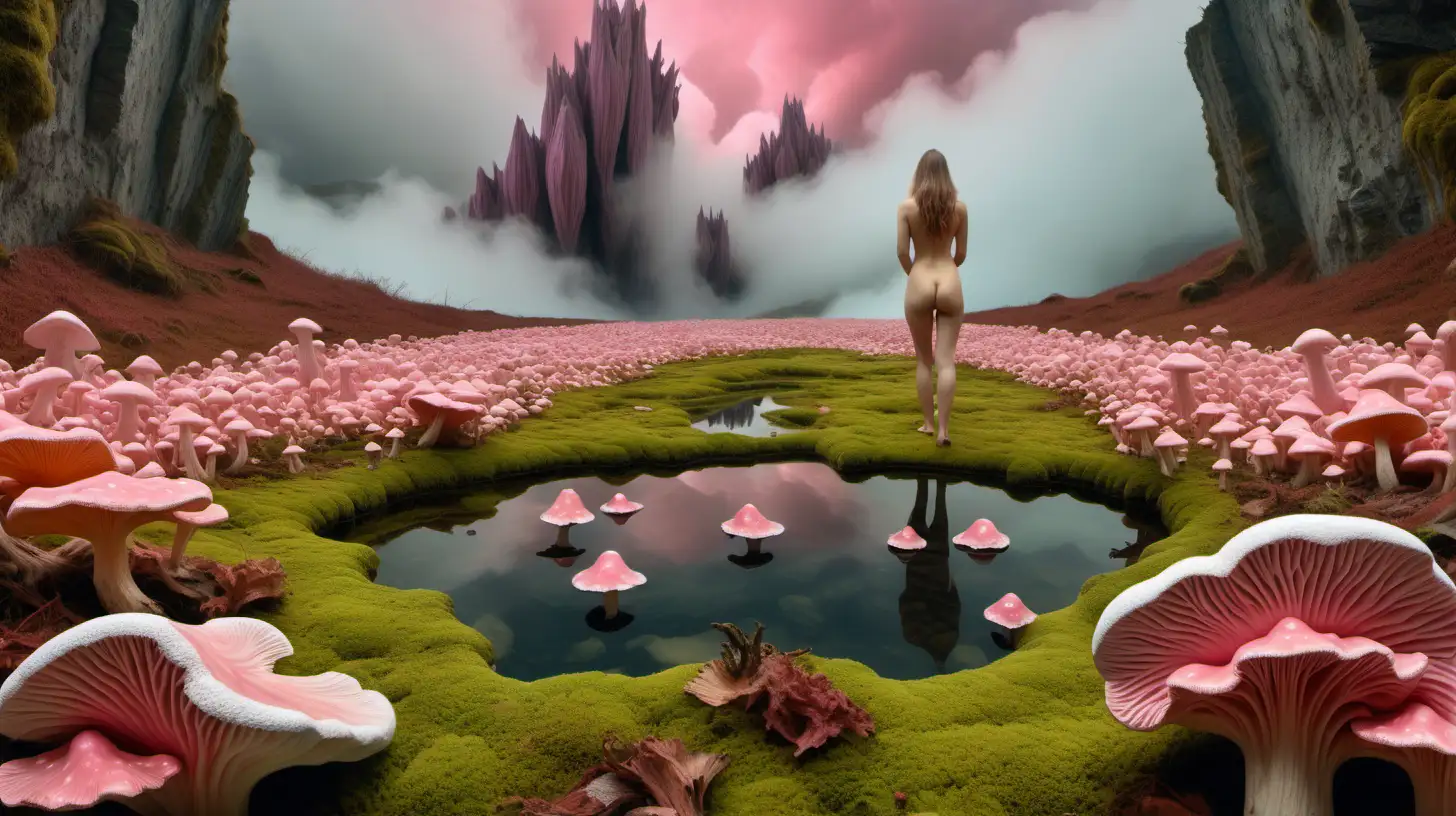 Ethereal Nude Woman Amid Psychedelic Crystalline Landscape