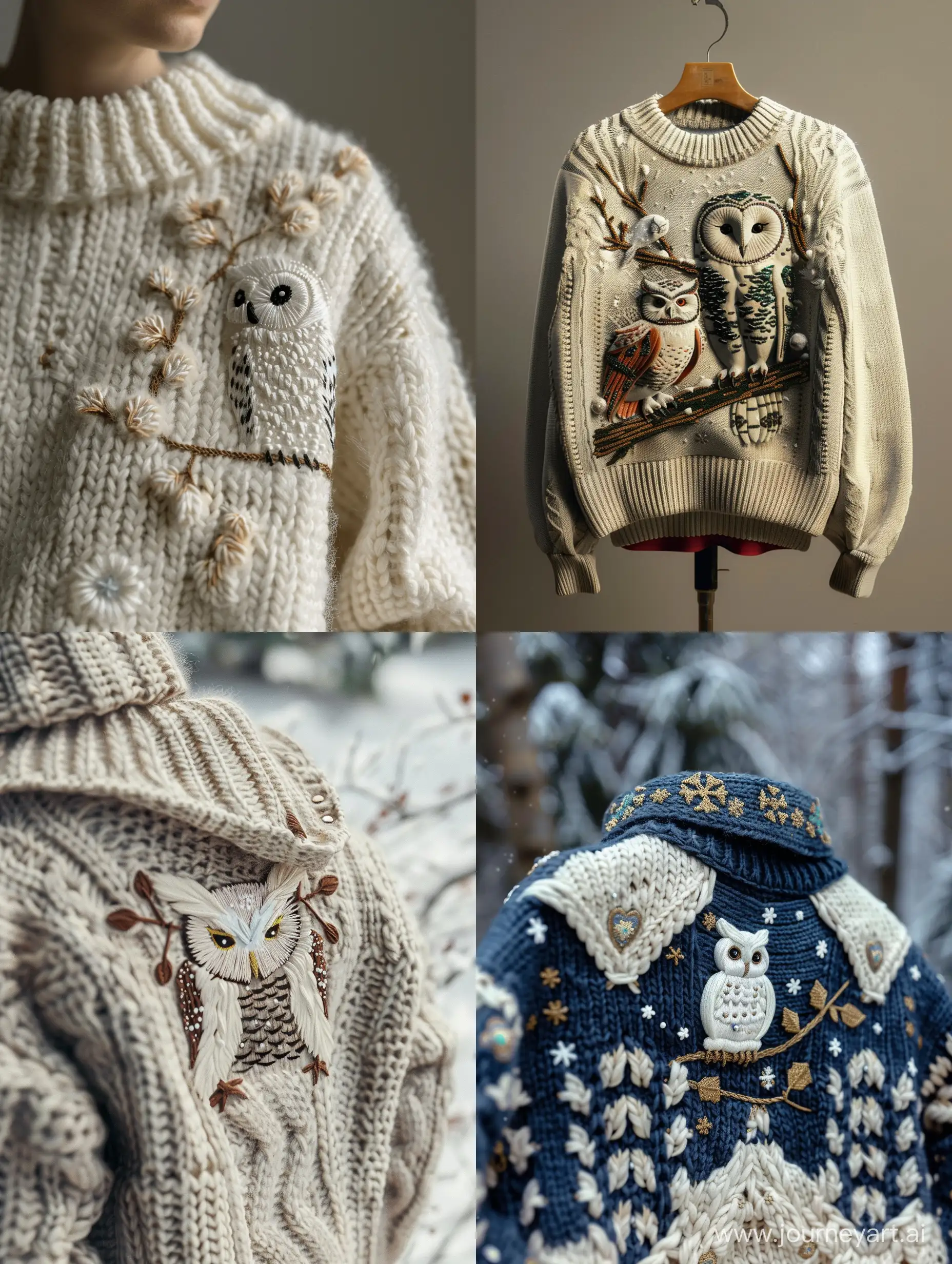 photorealistic knitted sweater with snow owl embroidery, cozy embroidery, cold tones --ar 3:4 --no 18314