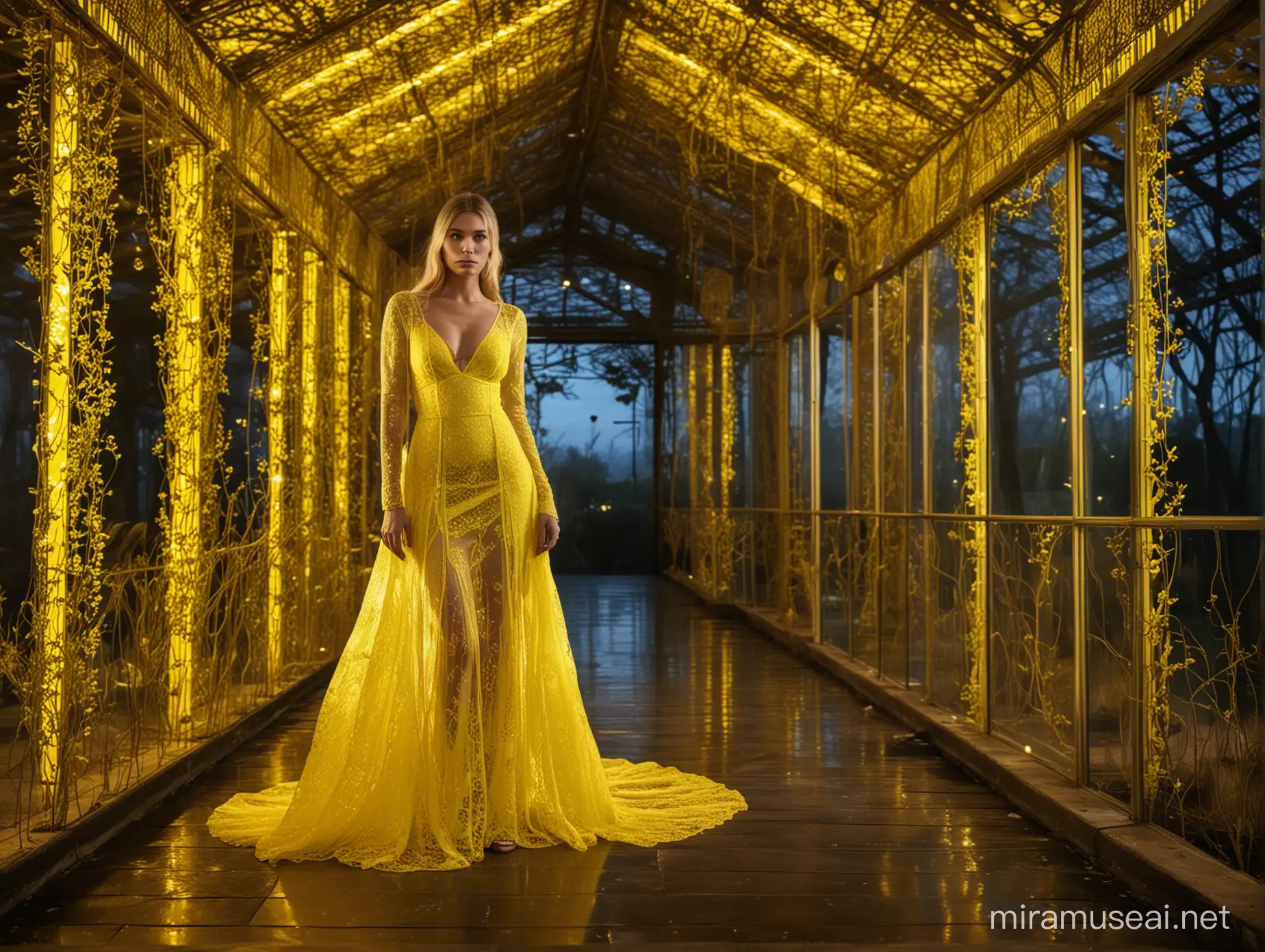A female model in a designer yellow lace gown with neon leds, in a glass house, in
the style of Chad Stahelski