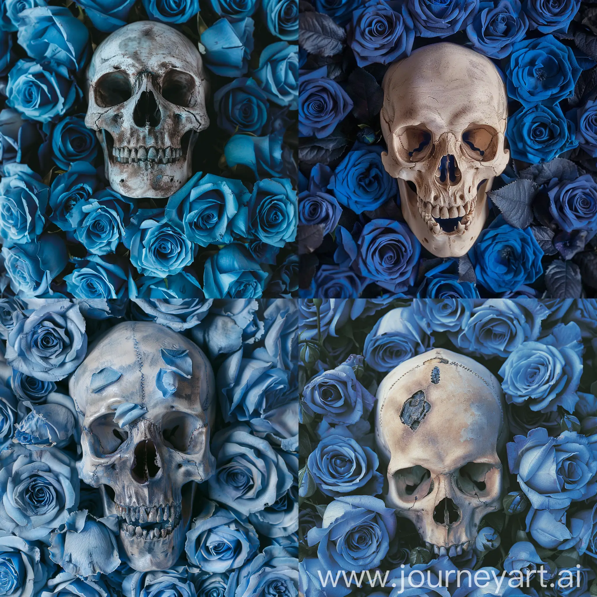 a skull surrounded by blue roses