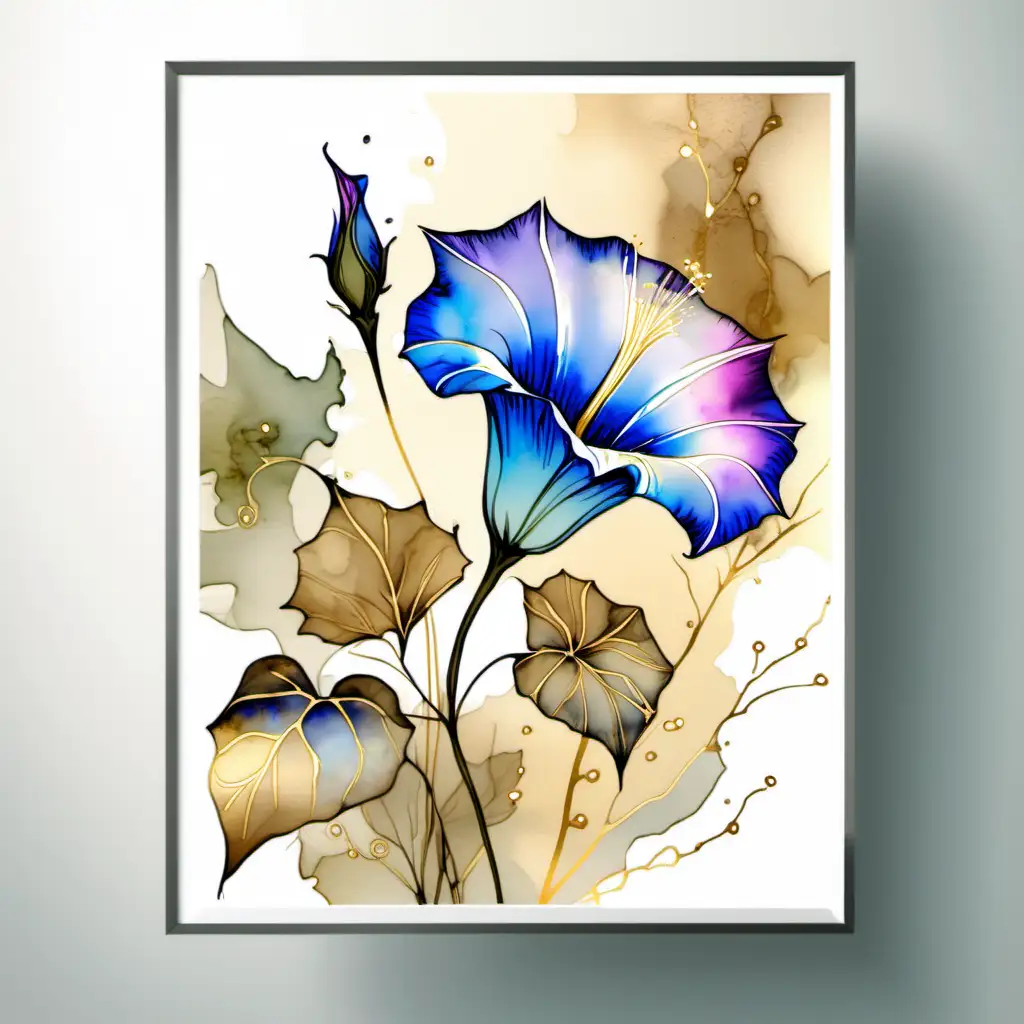 Delicate morning  glory , magnificent, muted watercolor and alcohol ink with gold accents., poster, painting, illustrationv0.2