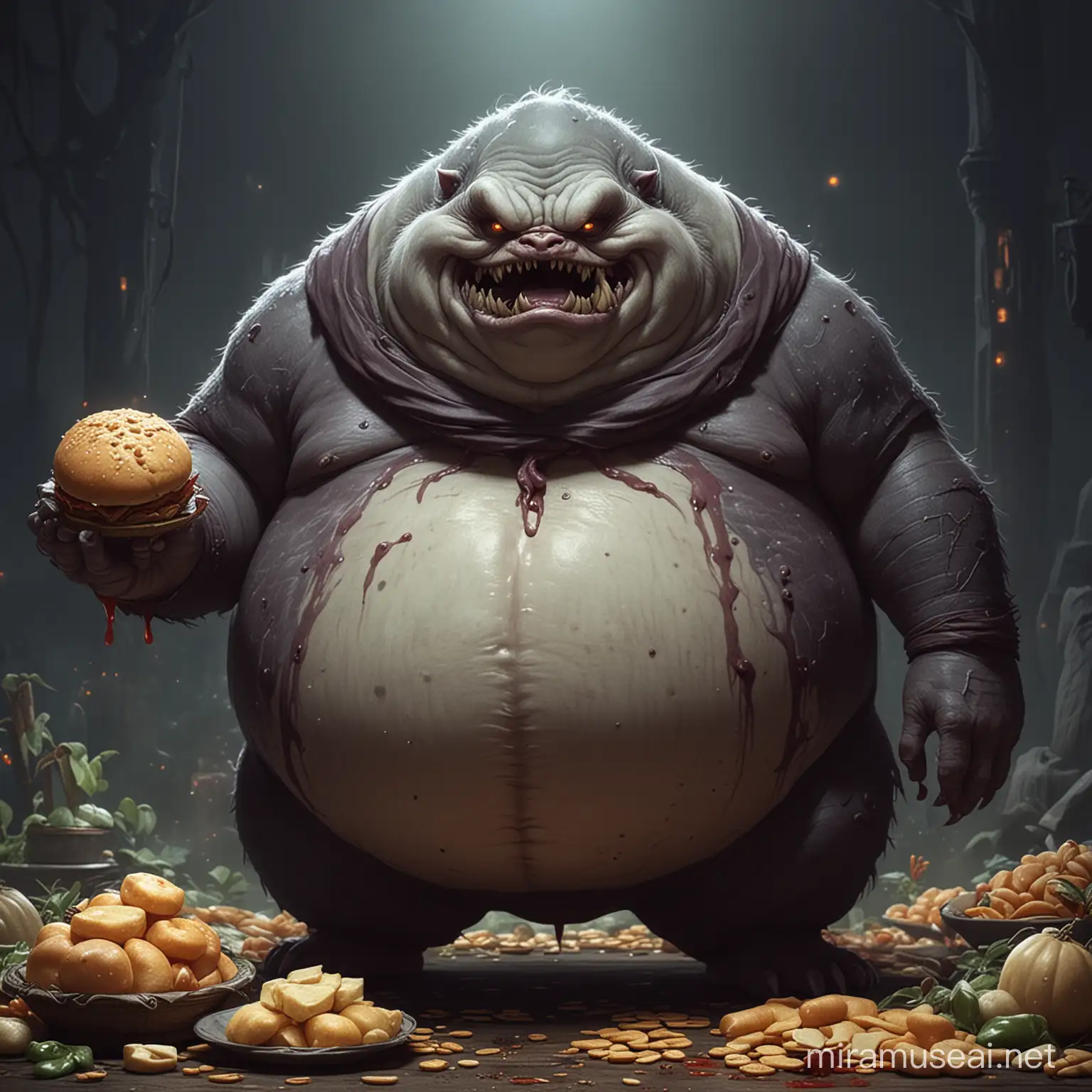 An anime style evil fat creature related to the control of hunger and food, from a fantasy tale.