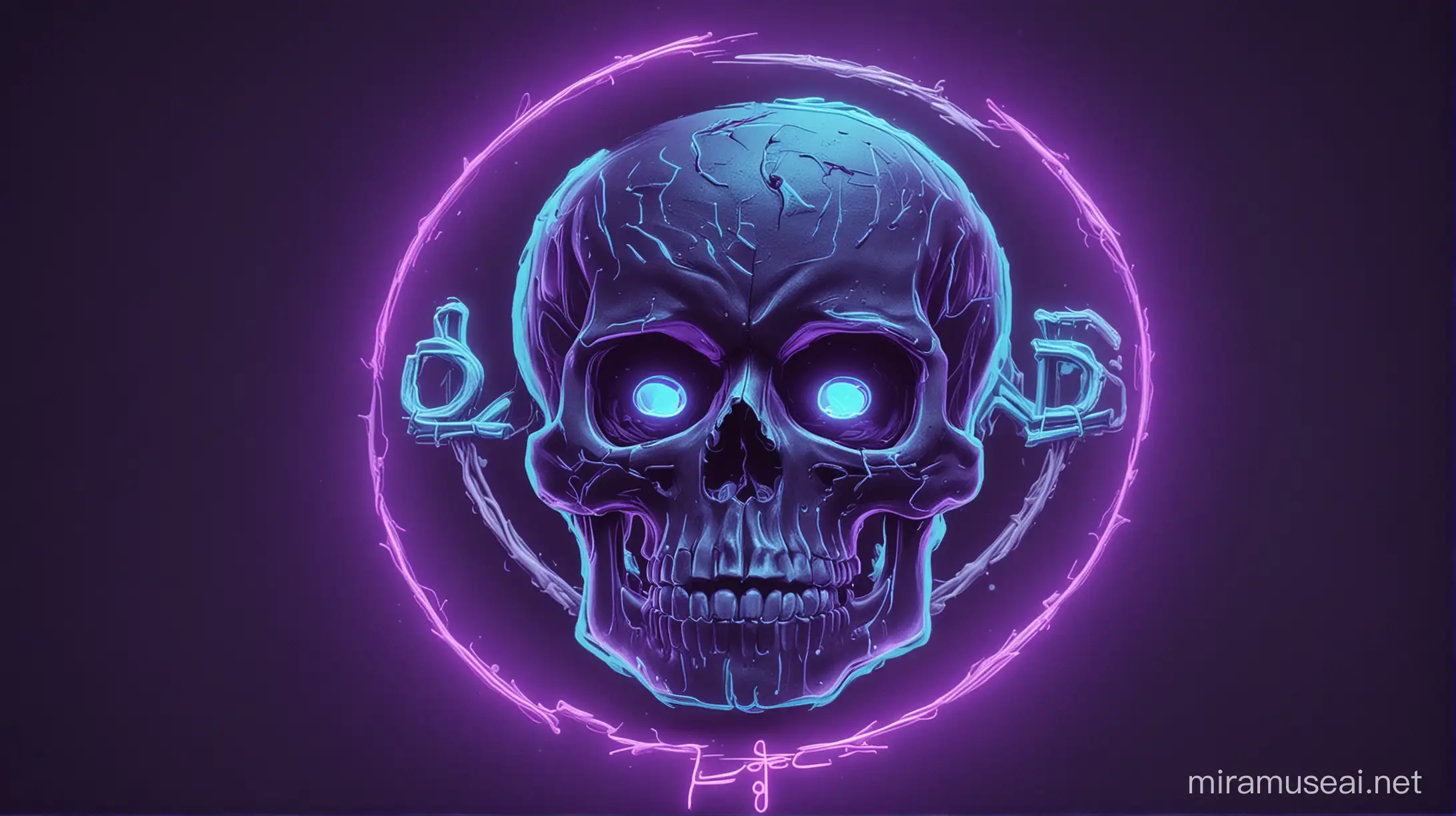 Please create a 4K ultra-realistic neon purple and neon blue logo of a skull for my online course called  "D.E.A.D.". With the logo please FOCUS on JUST using the initials of "D.E.A.D." Please include the writing "D.E.A.D."