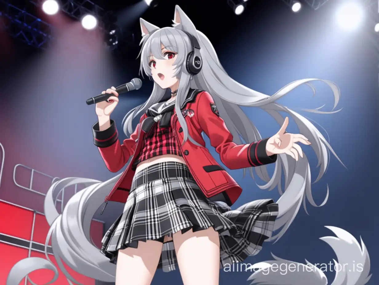 Anime girl wolf VTuber character model in full height in red, white, and black tones, gray hair, black and gray ears, in a plaid skirt to the knees in red and black tones, gray wolf tail, art she stands on stage with a microphone in her left hand and sings songs
