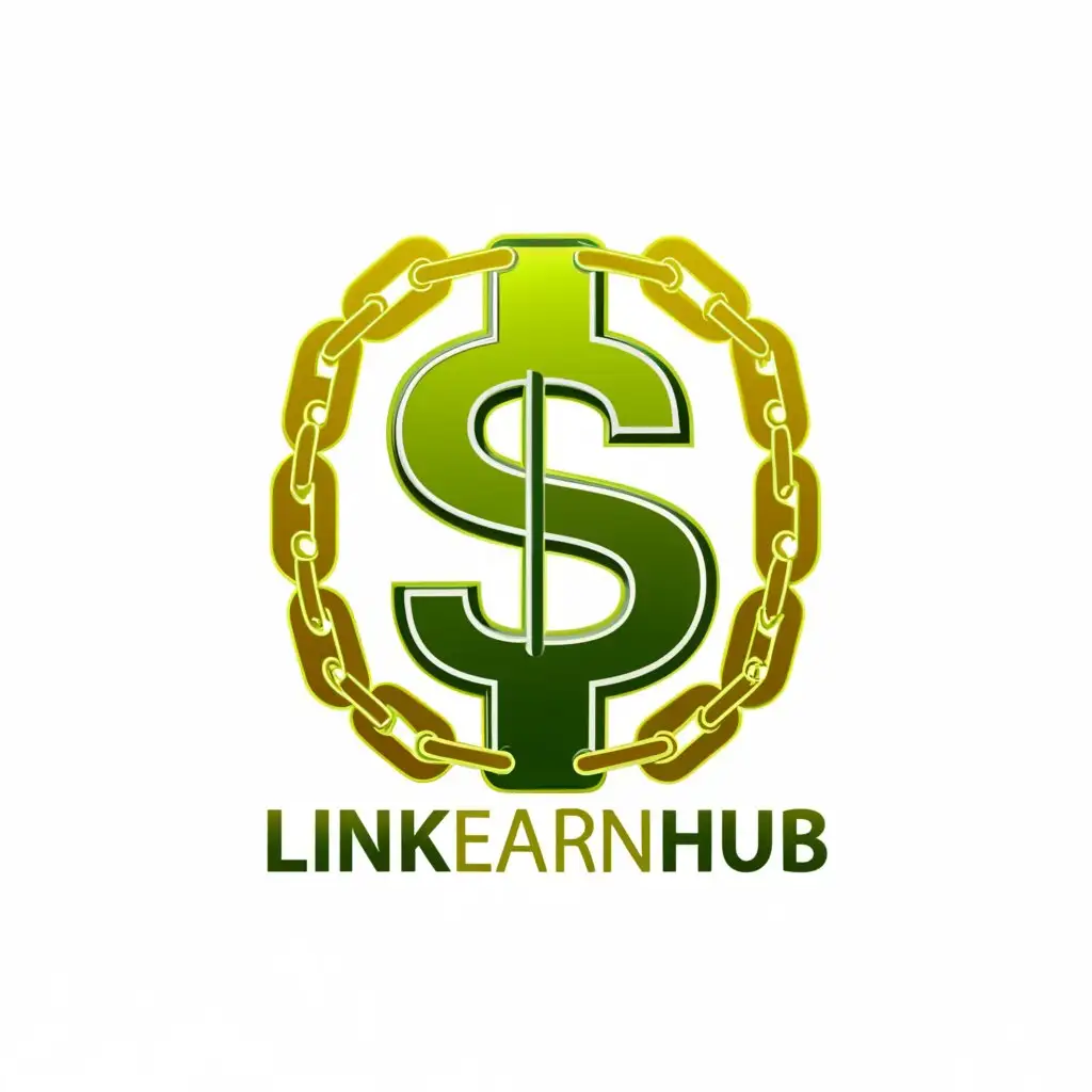 a logo design, with the text 'Linkearnhub', main symbol: A chain and Dollar, complex, to be used in Finance industry, golden and green background with full background color blue