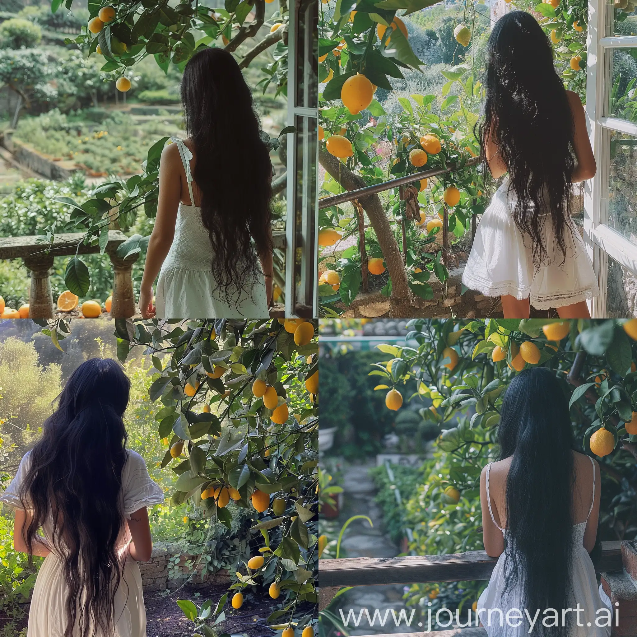 Aesthetic instagram picture real person, girl with long black hair in a white sun dress looking out at a garden next to a lemon tree