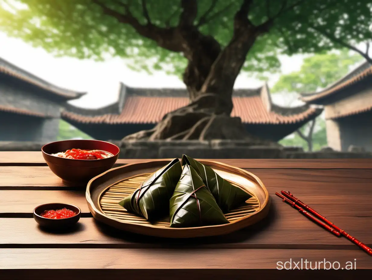 Traditional-Chinese-Zongzi-on-Wooden-Table-in-Courtyard-Setting